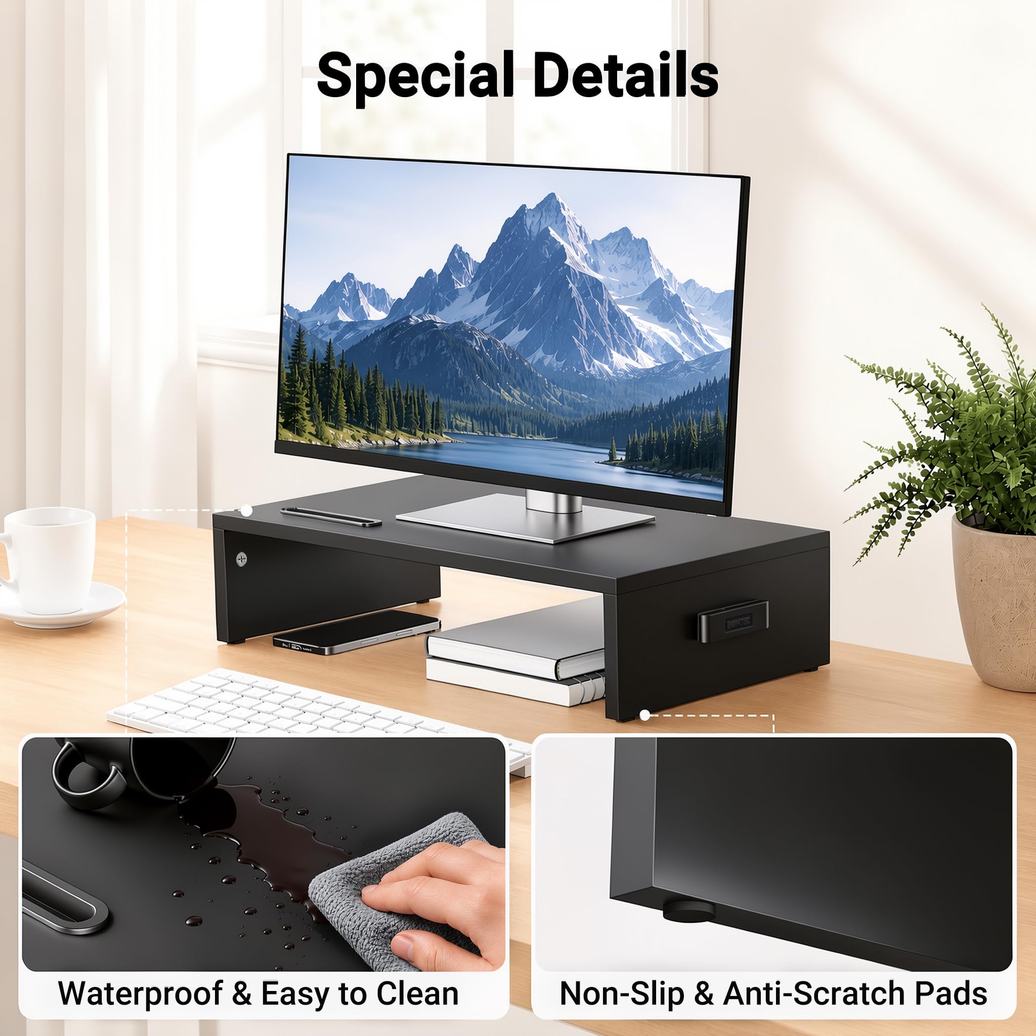 BONTEC Podstawka pod monitor, stojak na monitor, uchwyt na telefon, ergonomiczna podstawka pod drukarkę, pod laptopa z miejscami na kable, do komputerów, notebooków, iMaców, Pecetów, 42 cm, czarny