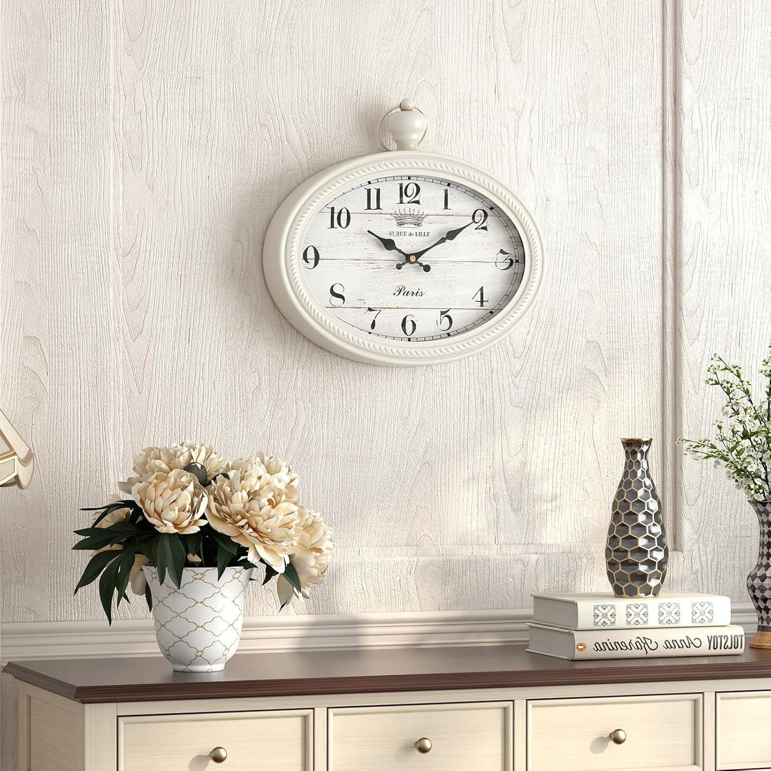 Retro Oval Wall Clock. White Vintage Antique Style. Battery Operated Decor Wall Clocks for Farmhouse, Living Room,Kitchen,Bedroom,Bathroom (10.5" H x 11.3" W)