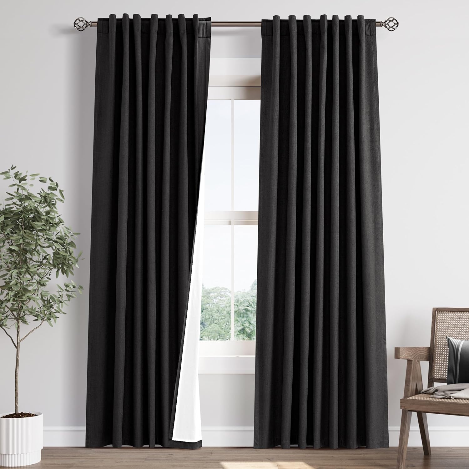 Joywell Linen Black Full Blackout Curtains 84 Inch Long 2 Panels Set for Bedroom Living Room Nursery,Back Tab Rod Pocket Room Darkening Thermal Insulated Black Out Window Drapes,52x84 Inches