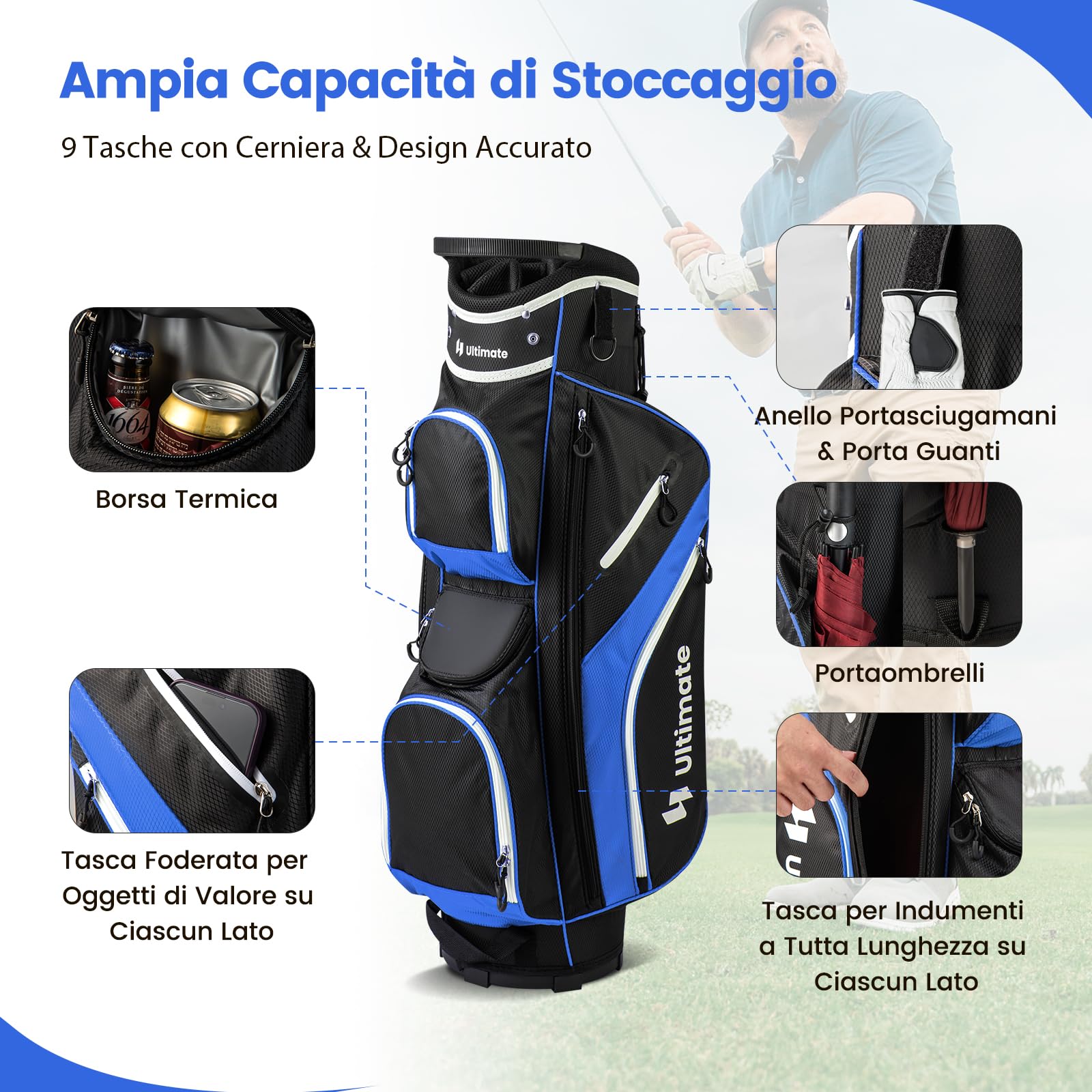 COSTWAY Borsa da Golf con Divisori Superiori a 14 Vie, 9 Tasche, Tasca Termica, Tasca per Scarpe, Porta Ombrello, Doppia Tracolla e Cappuccio Antipioggia, Sacca da Golf per Uomo e Donna