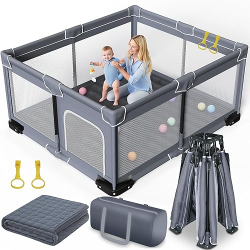 Miniatura 7 de Jixrolyn Corralito para bebés con alfombra, patio de juegos para bebés de 50 x 50 pulgadas con tapete de juego, corral para niños pequeños con malla