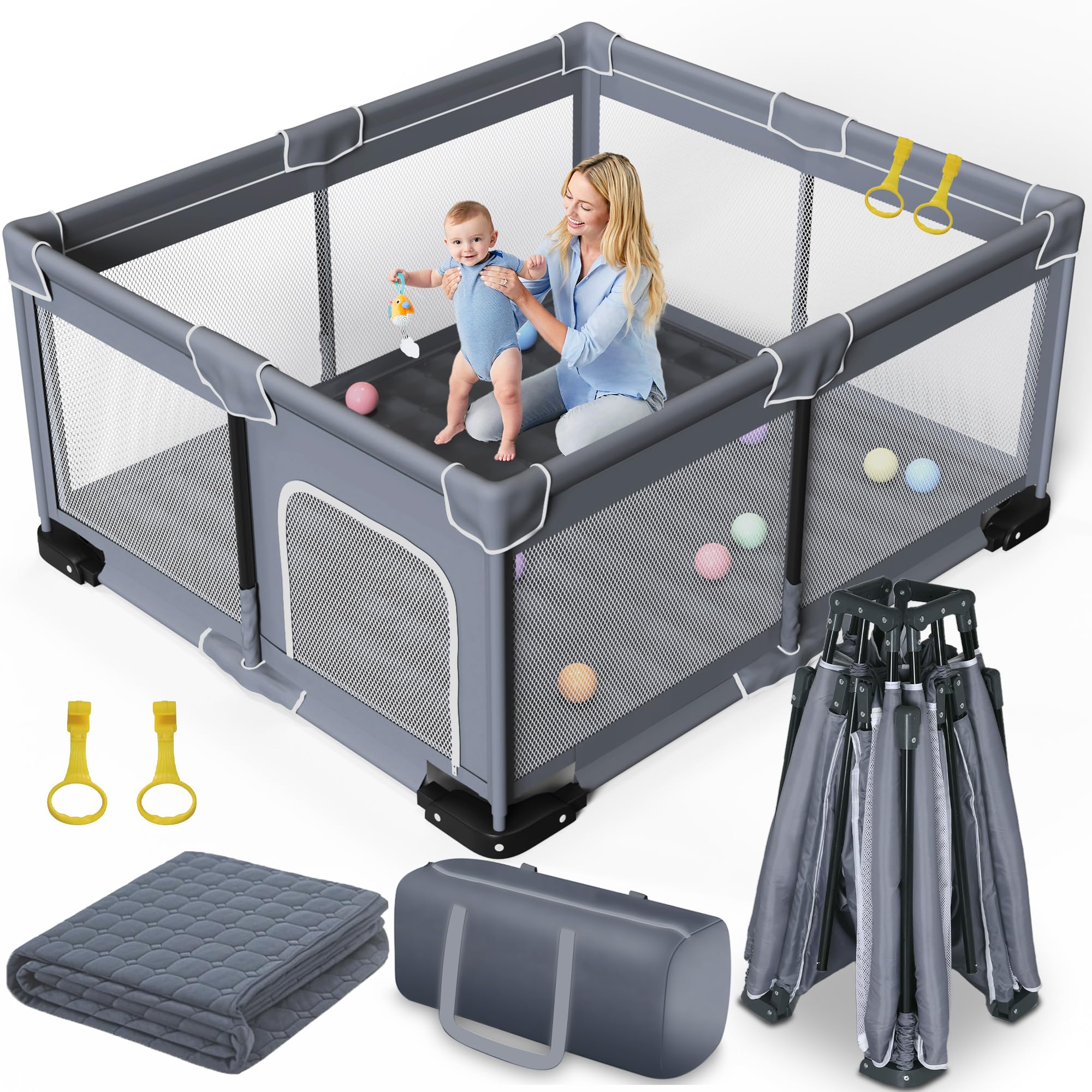 Jixrolyn Foldable Baby Playpen with Mat, Extra Large Playpen for Babies and Toddlers with Gate, Portable Baby Yard, Indoor & Outdoor Play Area 71"x59"