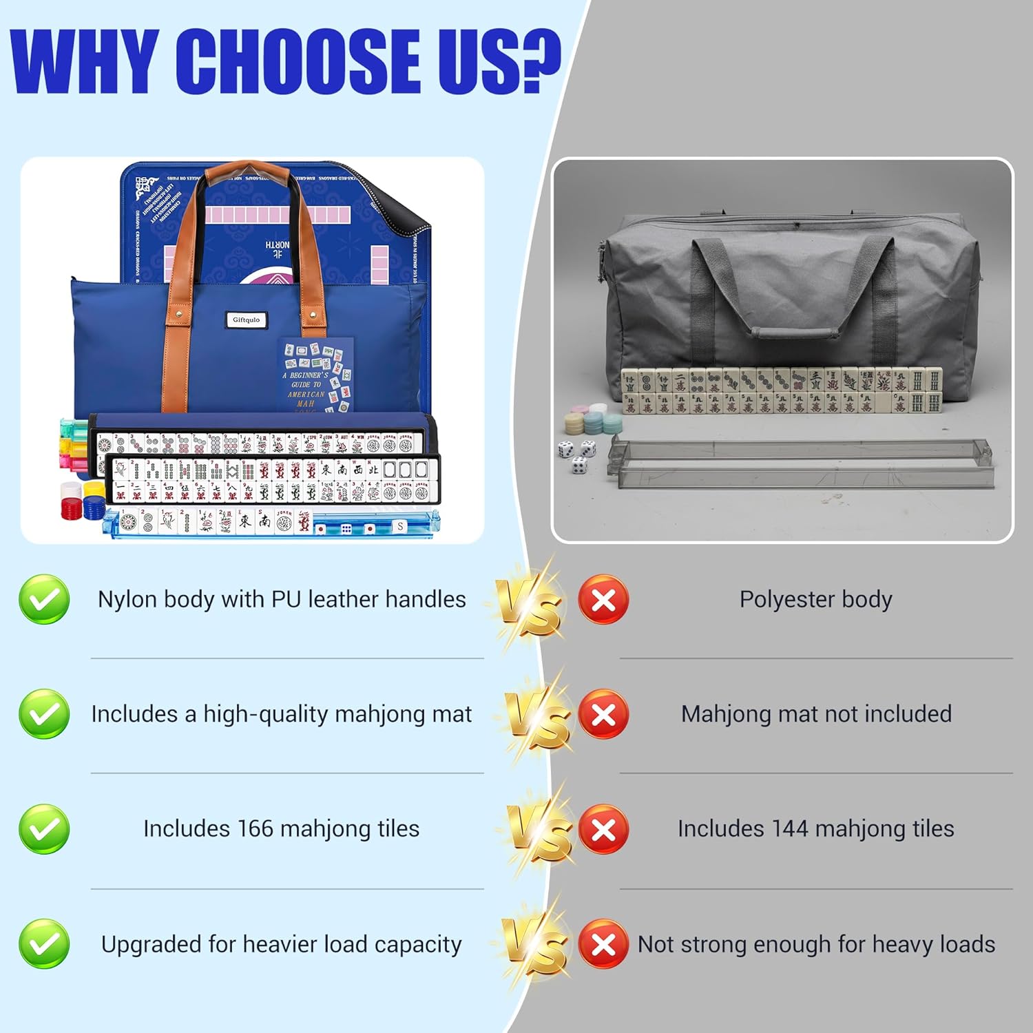 American Mahjong Game Set with Mat and Racks, Mahjong Tiles Set Include 166 White Tiles, Mahjong Mat, 4 All-in-One Rack/Pushers, Blue Bag and Mahjong Accessories, Mahjong Set Complete