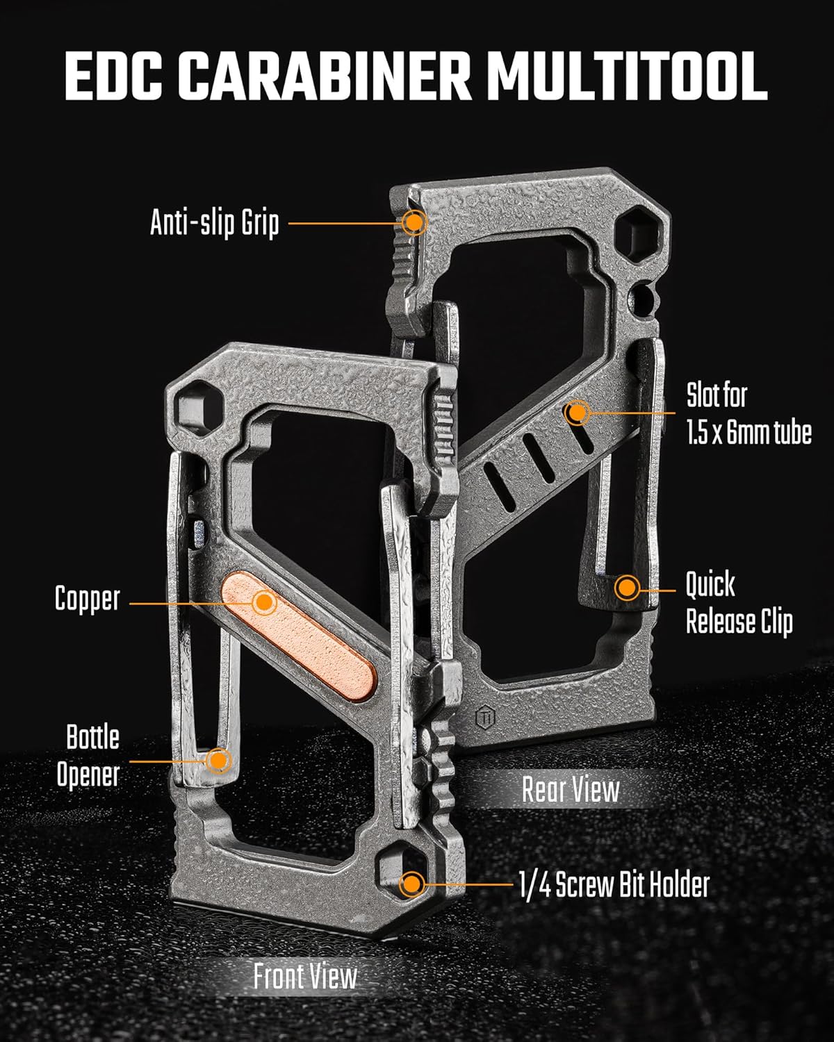 KeyUnity KU07 Titanium Carabiner Multitool Dual Sided Gates with Bottle Opener and Screwdriver 3 in 1 EDC Keychain Clip for Everyday Carry