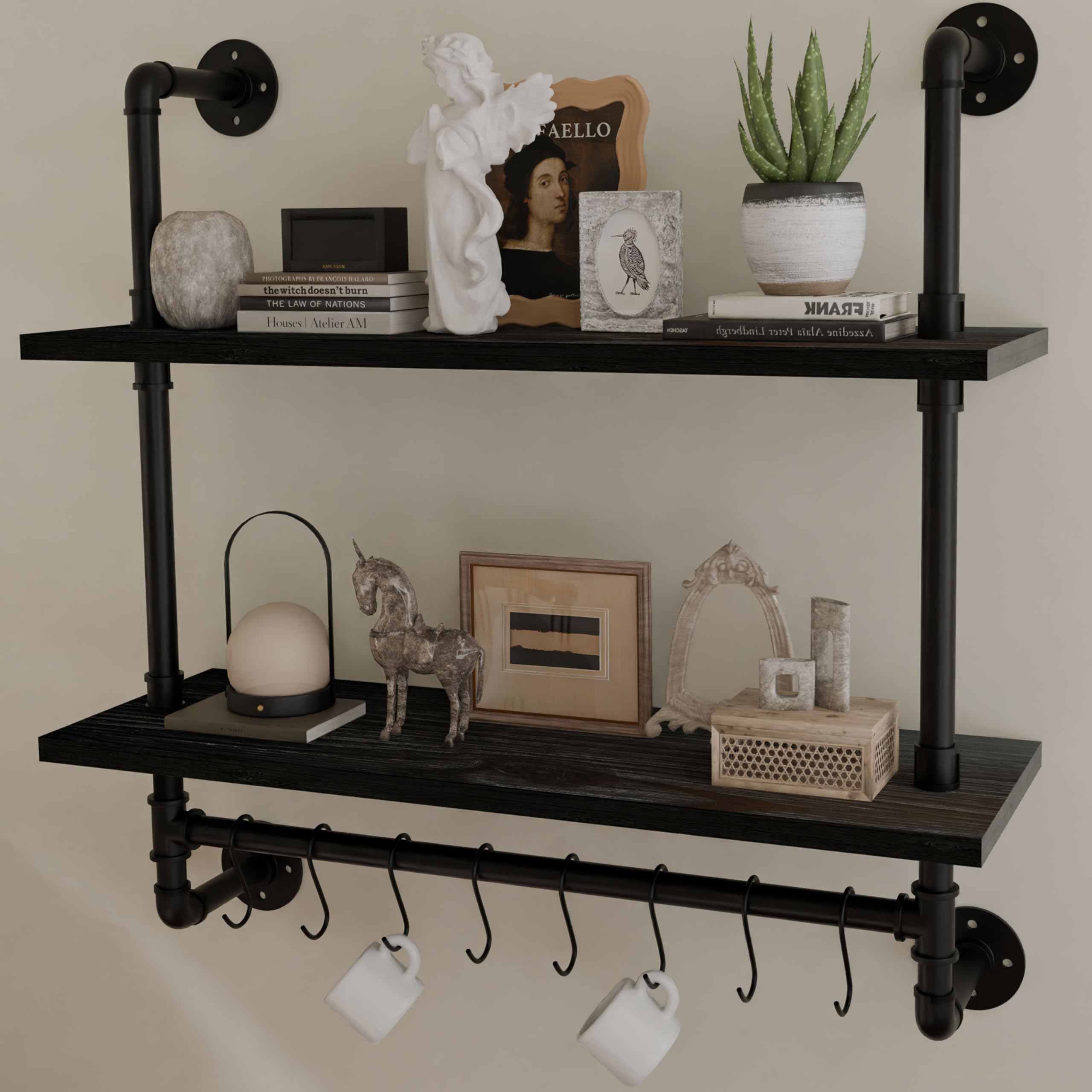 ROGMARS Estantes industriales de tubería, estantes flotantes negros de 24 pulgadas para baño con ganchos para toallero, estantes de pared de cocina, estantes de cafetería, estantes montados en la