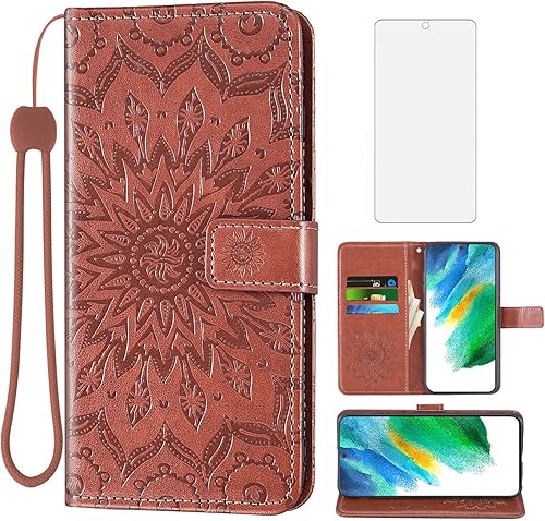 Asuwish Funda de teléfono para Samsung Galaxy S21 FE Gaxaly S 21 FE 5G Cartera con protector de pantalla de vidrio templado Funda delgada de cuero
