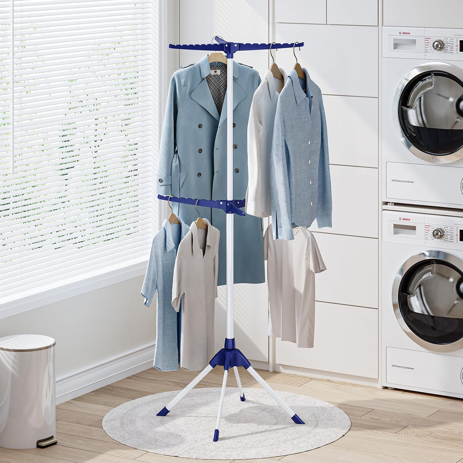 APEXCHASER Clothes Drying Rack 2-Tier Folding Laundry Drying Rack, 57 Inch Collapsible Clothing Rack 4 Legs, 6 Arms for 48 Hangers, Portable Clothes Airer for Indoor Outdoor Beach RV Travel, Blue