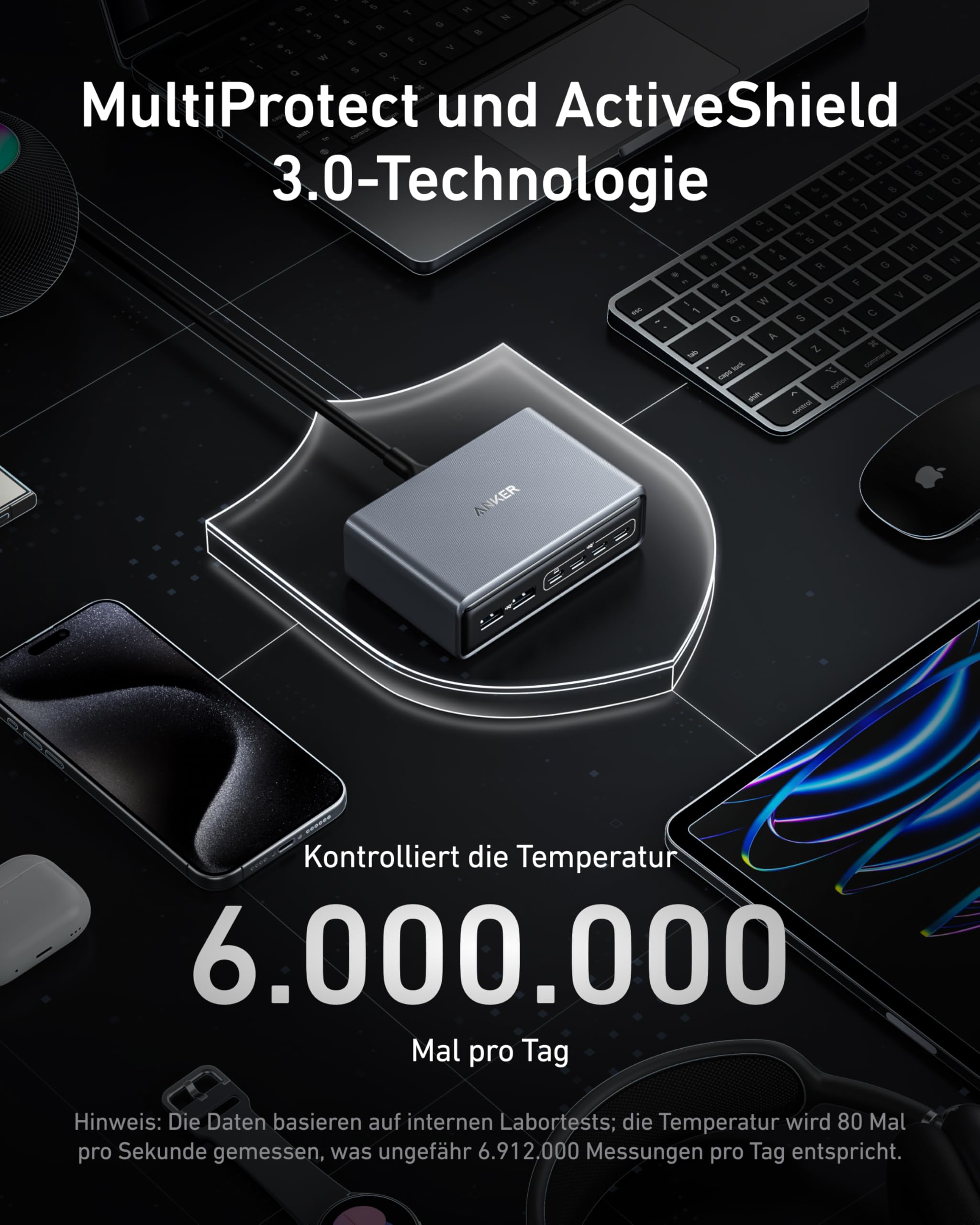 Anker Prime 200W USB C Ladegerät, 200W 6 Anschlüsse GaN Ladestation, USB-C PD Desktop Ladegerät mit Schnell-Laden, kompatibel mit iPhone 17/16/15 Series, Samsung, MacBook, Dell und mehr