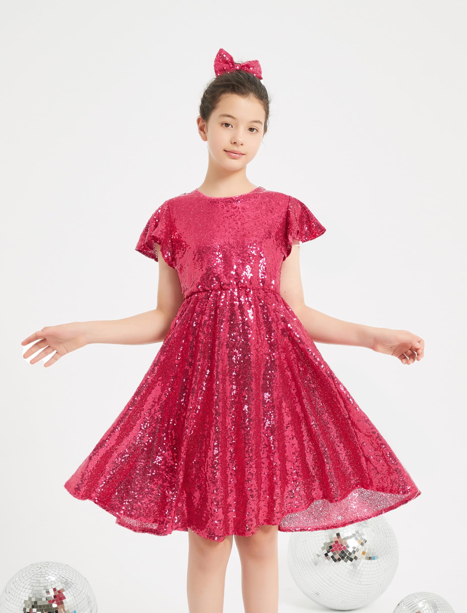 EXARUS Glitzernde Mädchenkleider mit Rüschenärmeln, Glitzer-Pailletten, Rundhalsausschnitt, A-Linie/figurbetont/Tunika-Kleid für Mädchen, 6–14 Jahre