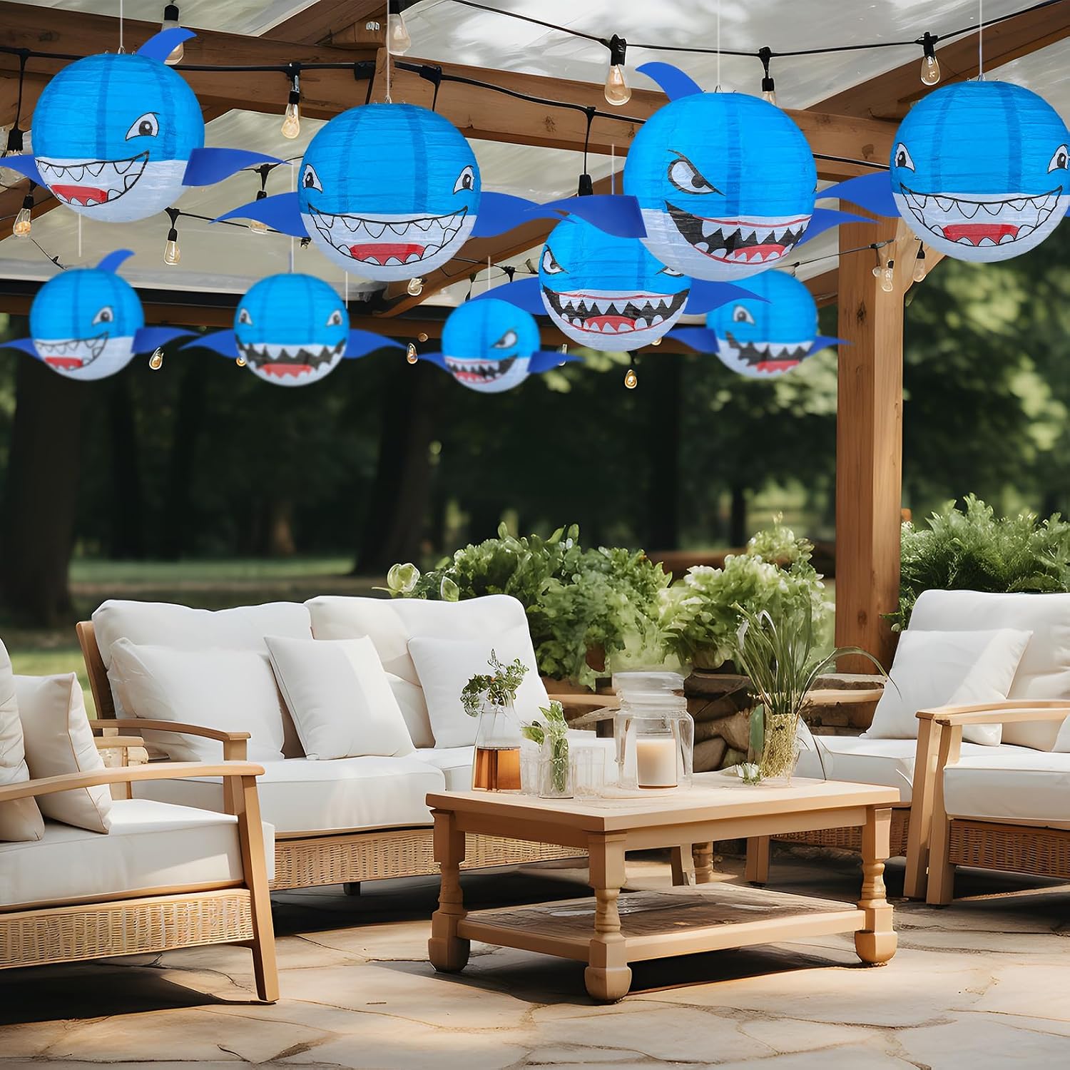 Baquler 12 Pcs Shark Paper Lanterns 8 Inch Under the Sea Party Decorations Round Hanging Shark Lanterns for Summer Ocean Theme Indoor Outdoor Birthday Party Decorations