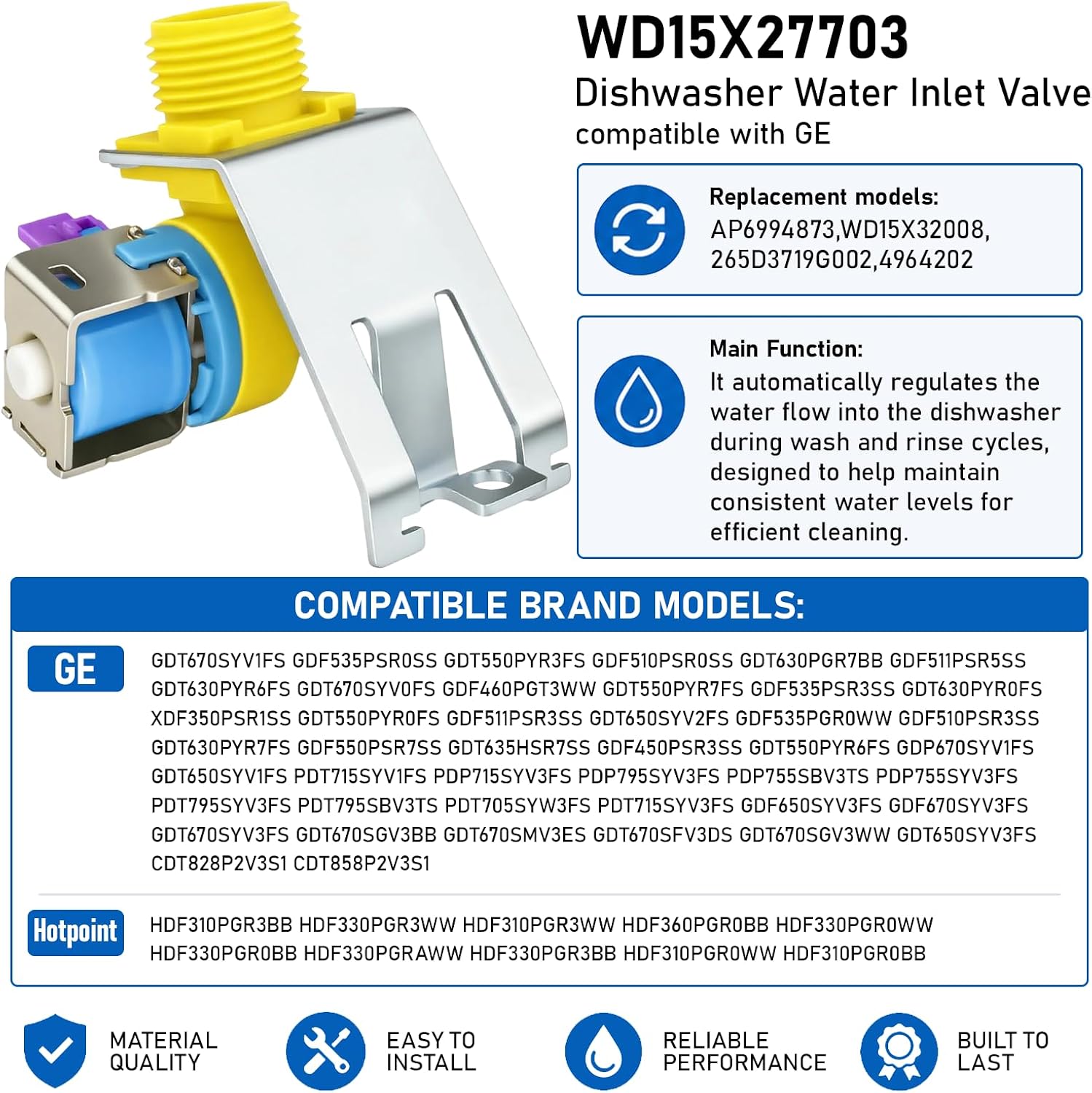 WD15X27703 Dishwasher Water Valve Assembly fit for GE Hotpoint dishwasher
