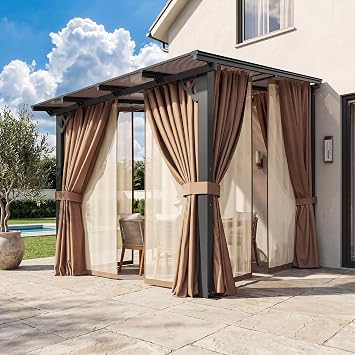 Aoxun 8x10 Lean to Gazebo with Mosquito Net and Curtains, Aluminum Frame, Polycarbonate Panel, Wall Mounted Pergola with Sloped Roof for Backyard, Porch, Deck