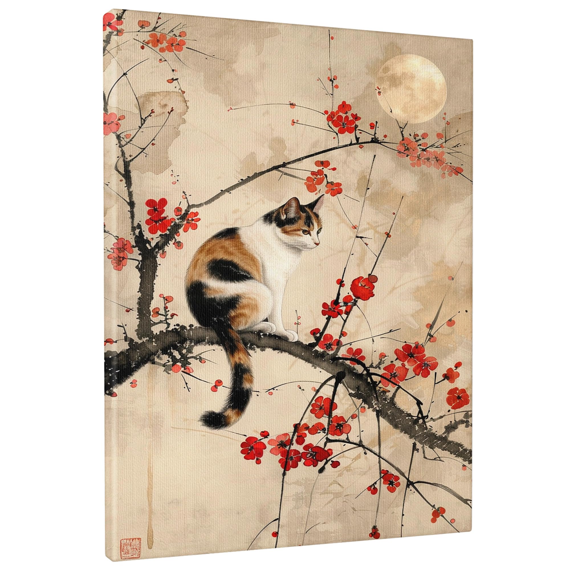 Japanese Style Canvas Wall Art, Beige Calico Cat Poster Prints, Moon Wall Art Home Aesthetic Decor For Living Room, Bedroom, Bathroom, Festival,Unframed 16x20 Inch