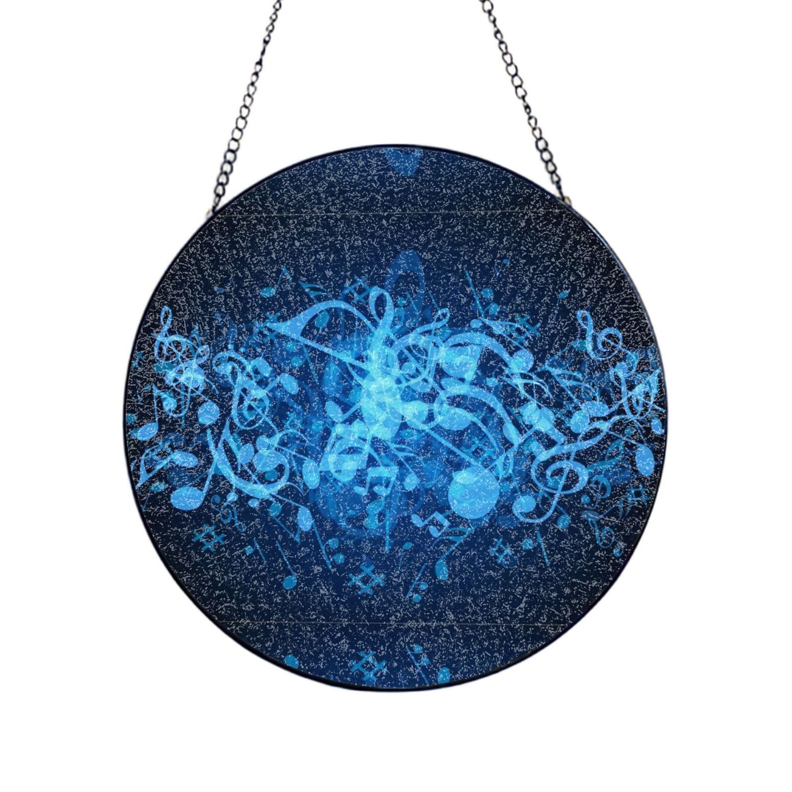 Phayah Blue Musical Notes Print Glass Window Hanging Round Suncatcher Glass Ornament Garden Wall Fence Decorations Indoor Outdoor 12in（30cm）