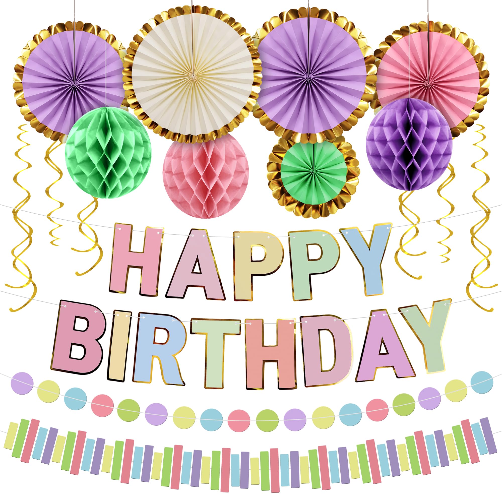 KatchOn, Macaron Birthday Decorations Set - Pack of 18 | Happy Birthday Decorations | Pastel Happy Birthday Banner with Honeycombs, Paper fans,