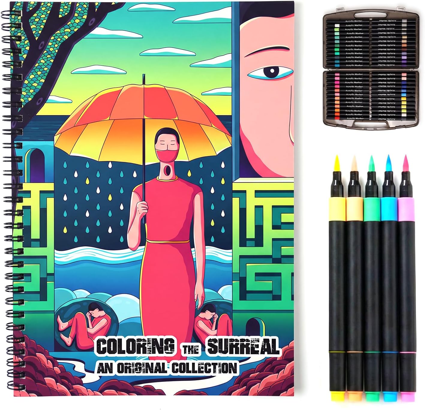 Rurolo Adult Coloring Book for Women & Men - Premium Art Supplies Kit with 48 Acrylic Brush Markers & 300GSM Thick Paper (Zero Bleed) - Spiral Bound Coloring Books for Adults Relaxation Set (7 * 10")