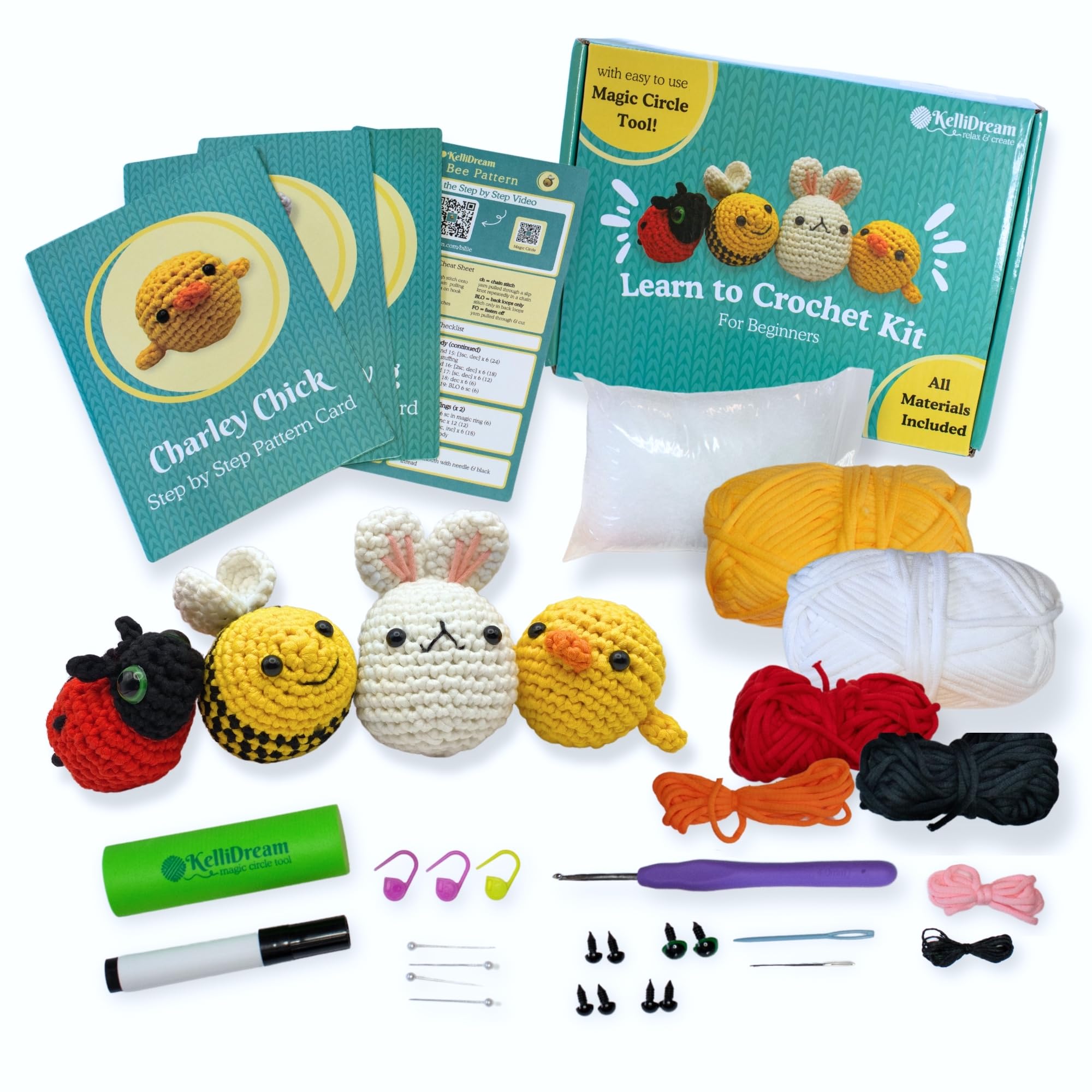 Learn to Crochet Kit for Beginners Adults with Step-by-Step Video Tutorials; Crochet Supplies to Make 4 Cute Amigurumi Animals; Crochet Bee, Chick, Bunny and Ladybug; Pattern Cards; Magic Circle Tool