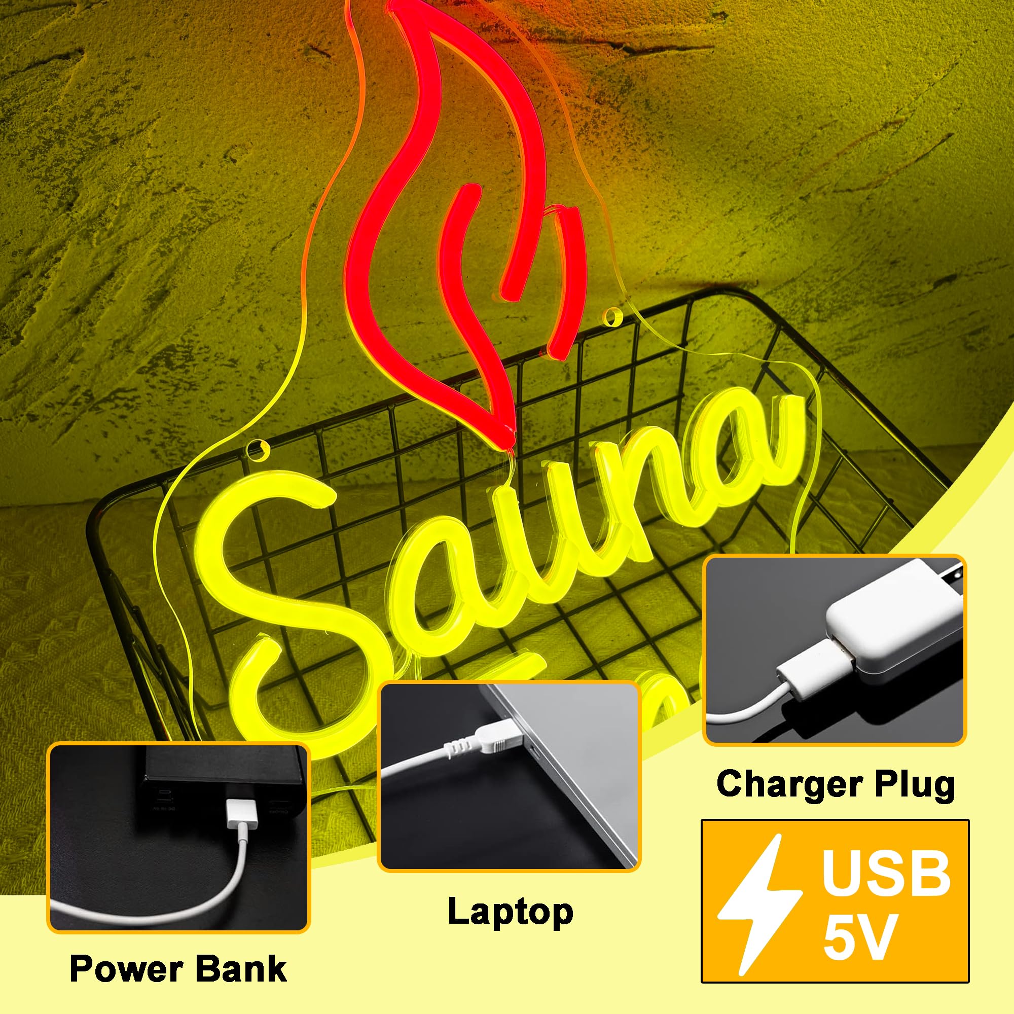 Insegna al neon con tempo sauna, luce al neon a LED per spa e benessere, dimmerabile, alimentata tramite USB, per palestra, benessere, sala relax, insegna per la cura di sé (32 x 26 cm)