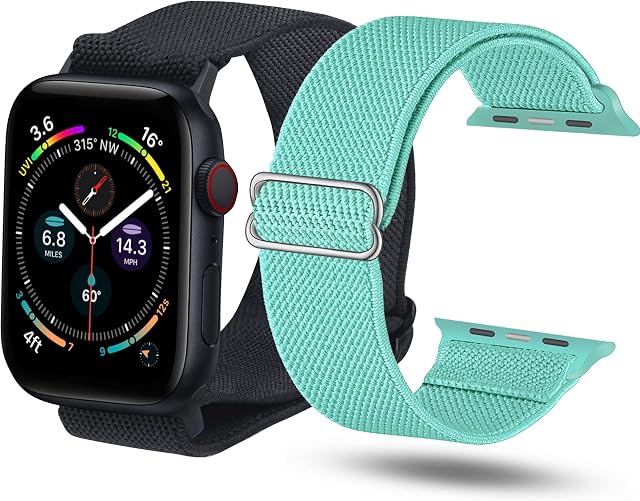 Teskyer 2 Pack Straps Compatible with Apple Watch 42mm 44mm 45mm, Nylon Braided Elastic Straps for Apple Band, Stretchy Adjustable Replacement Straps for Apple Watch Series 8 7 SE 6 5 4 3
