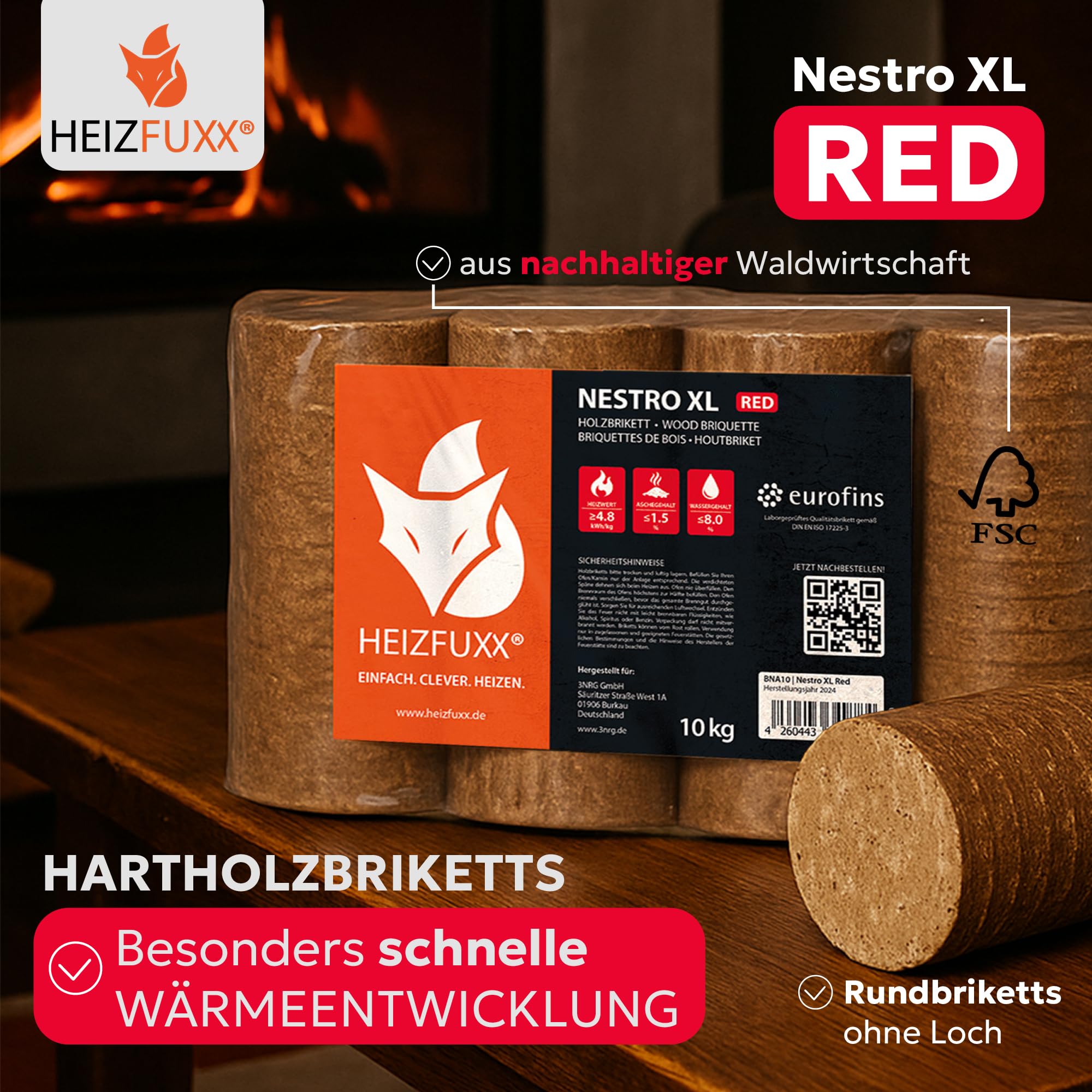 Holzbriketts Nestro XL Red - Hartholzbriketts Palette 960 kg (96x10 kg) - Premium Briketts für Kamin, Heizkessel & Ofen - Hoher Heizwert, geringer Aschegehalt & maximale Energieausbeute
