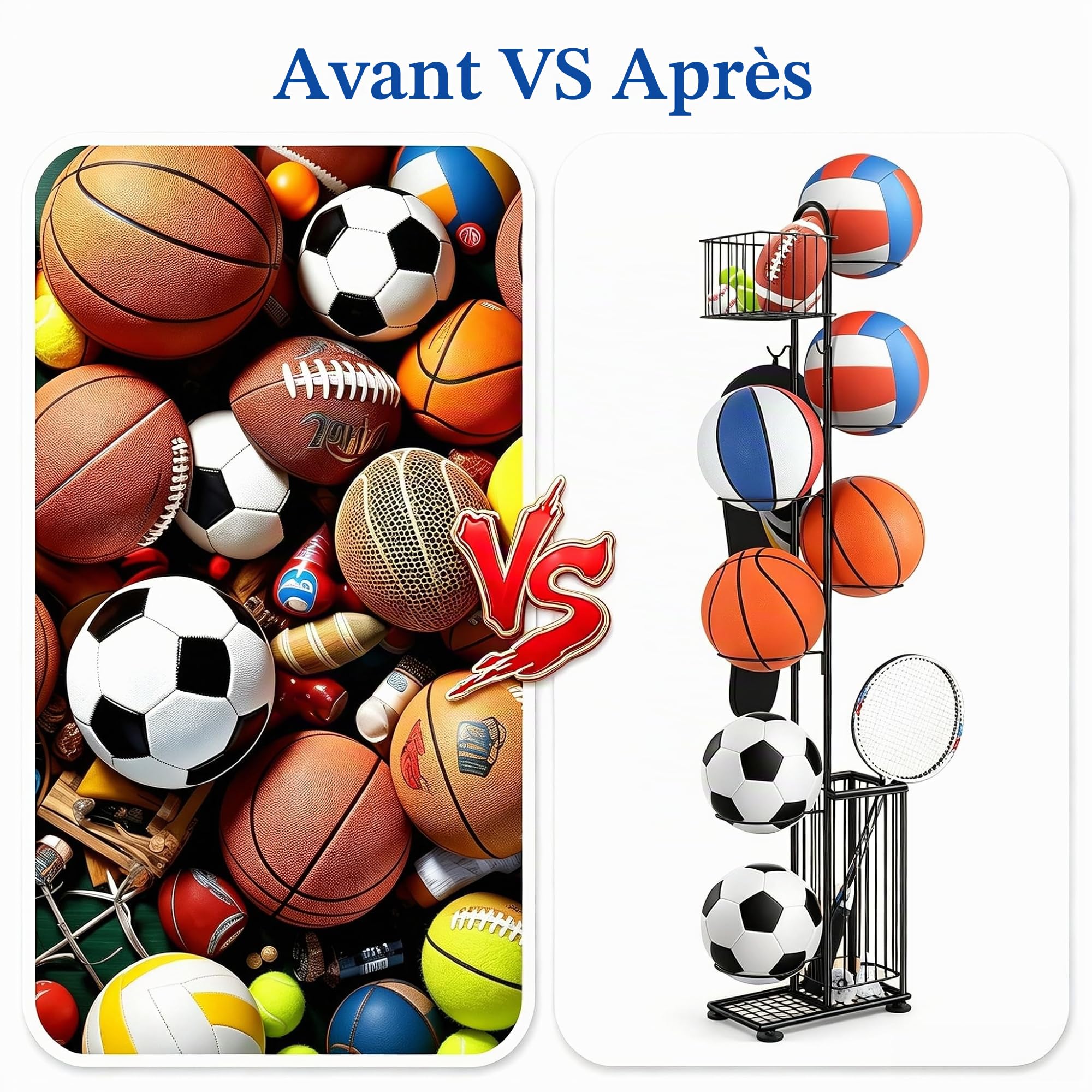 Smusei Support à billes en métal, 7 niveaux, support vertical pour balles avec paniers et crochets, salon et extérieur, équipement de sport, organisateur pour basket-ball, football, volley-ball