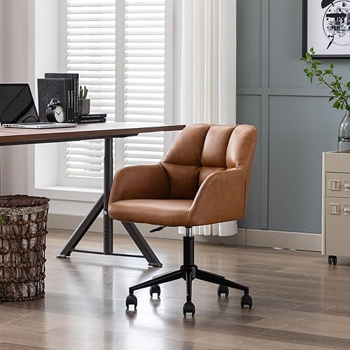 Wahson Silla de escritorio de oficina de cuero marrón con soporte de respaldo medio, cómoda silla de computadora de altura ajustable, silla