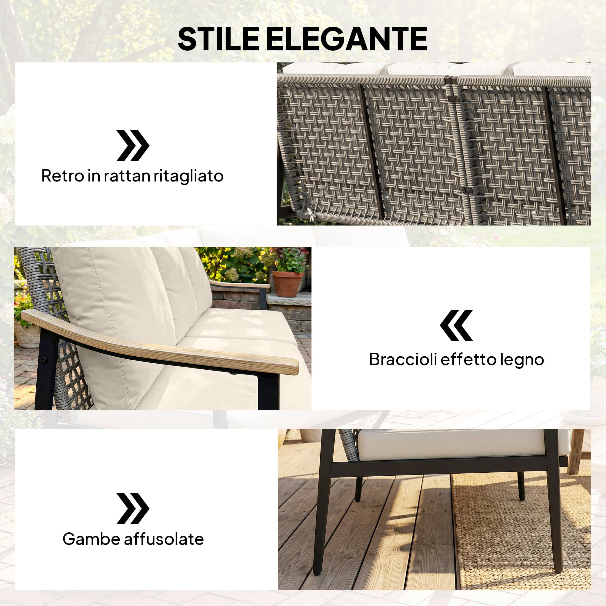 Outsunny Divanetto da Esterno a 3 Posti in Rattan PE, Divano da Esterno con Braccioli Effetto Legno, Cuscini Lavabili, Struttura in Acciaio, Divano da Giardino per Terrazzo, Patio e Balcone, Cachi