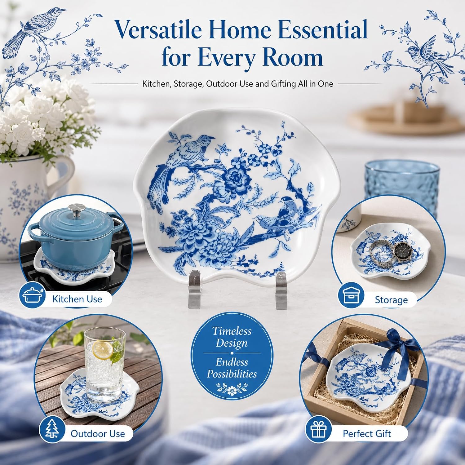 SNJORT 5.2" Blue White Chinoiserie Ceramic Spoon Rest, Heat Safe Stovetop