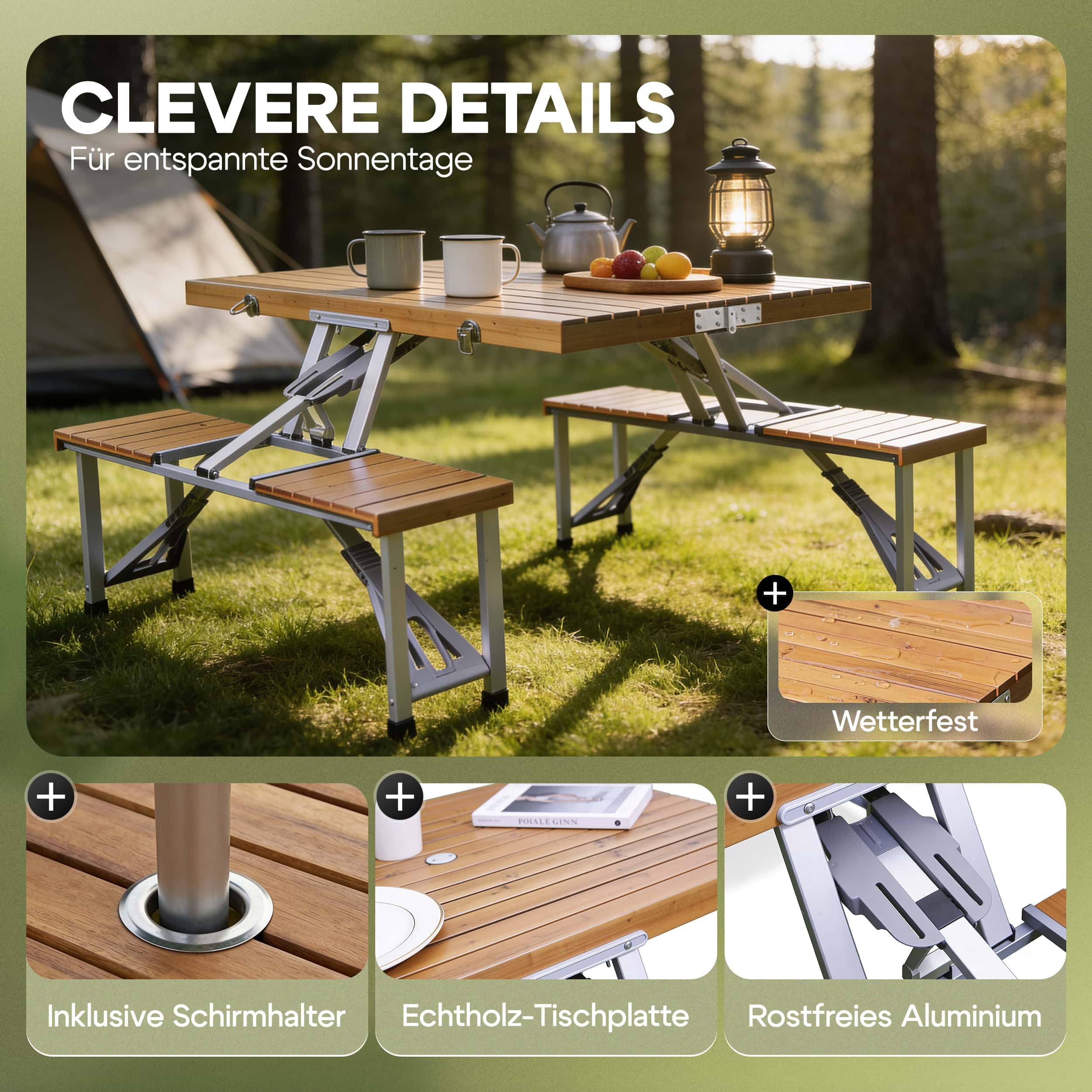 Casaria® Campingtisch mit Stühlen Klappbar Tragegriff Schirmhalter 4 Personen Picknicktisch Koffertisch Klapptisch Campingmöbel Set Leicht Holz