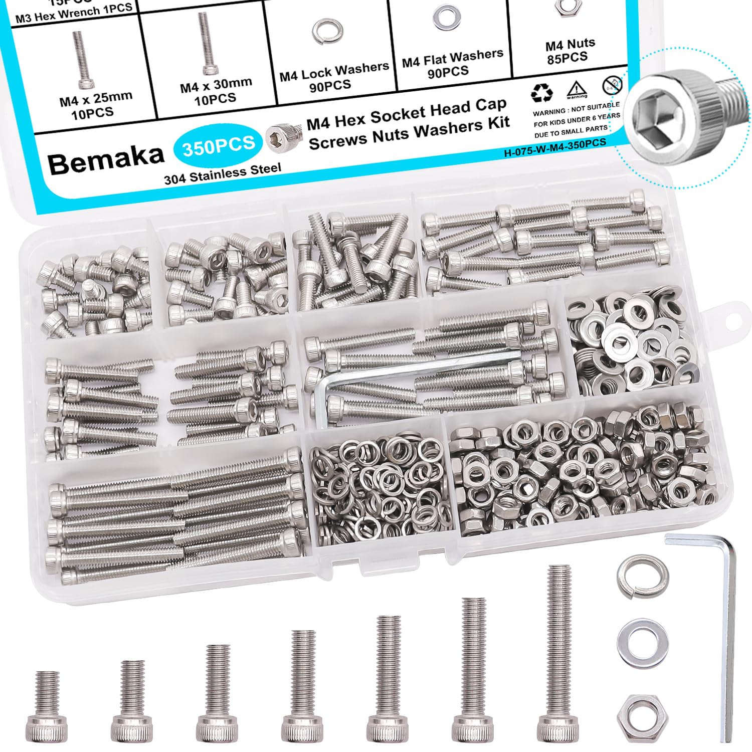 Bemaka 350PCS M4 Screw Kit, M4 x 6/8/12/16/20/25/30mm Hex Socket Head Cap Screws Bolts Nuts Washers Assortment Kit, 304 Stainless Steel Metric Bolts