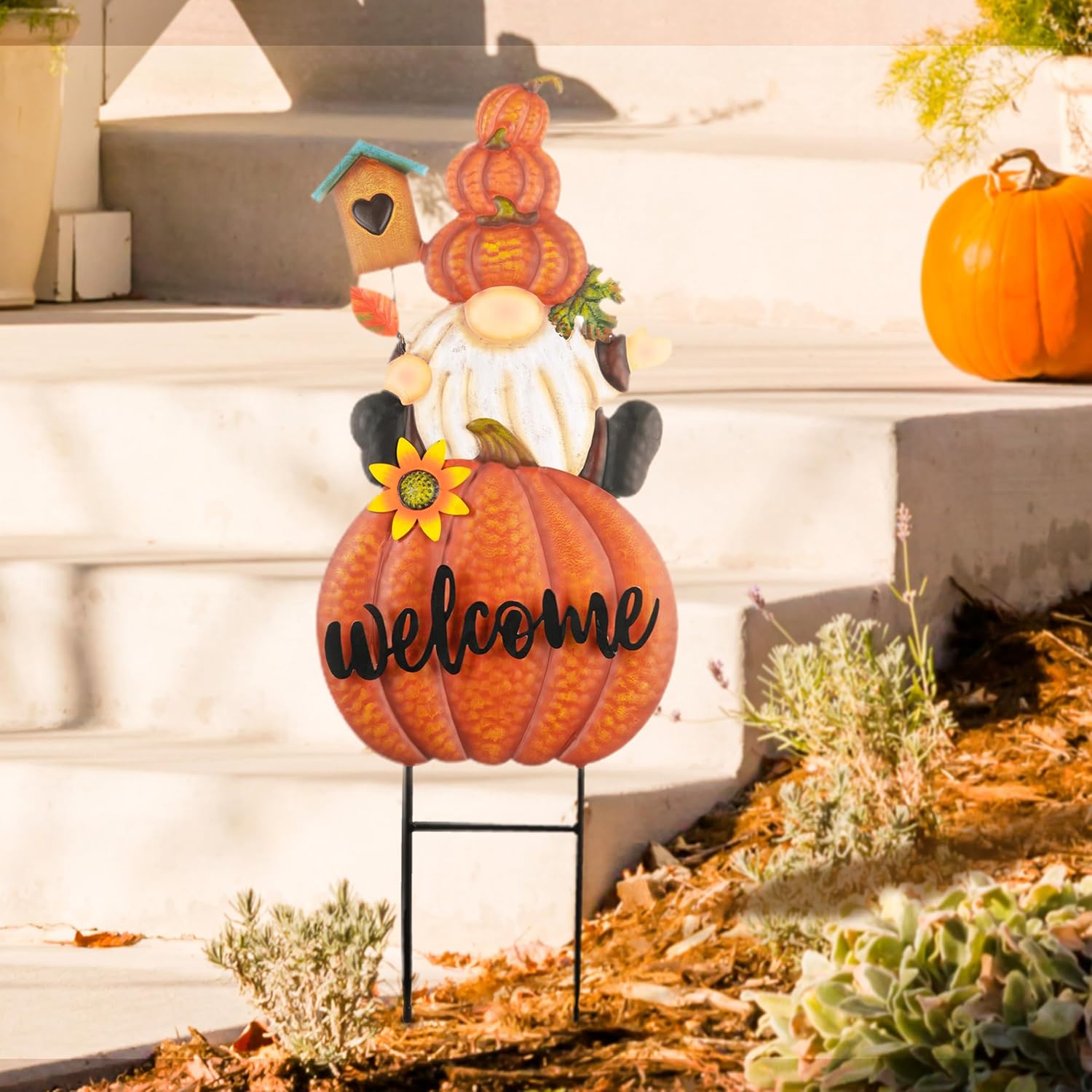 TERESA'S COLLECTIONS Fall Gnome Pumpkin Decorations for Outdoor Home, Metal Welcome Signs Stakes for Fall Decor, Orange Thanksgiving Decor for Autumn Yard, Valentines Garden Patio Gift for Mom