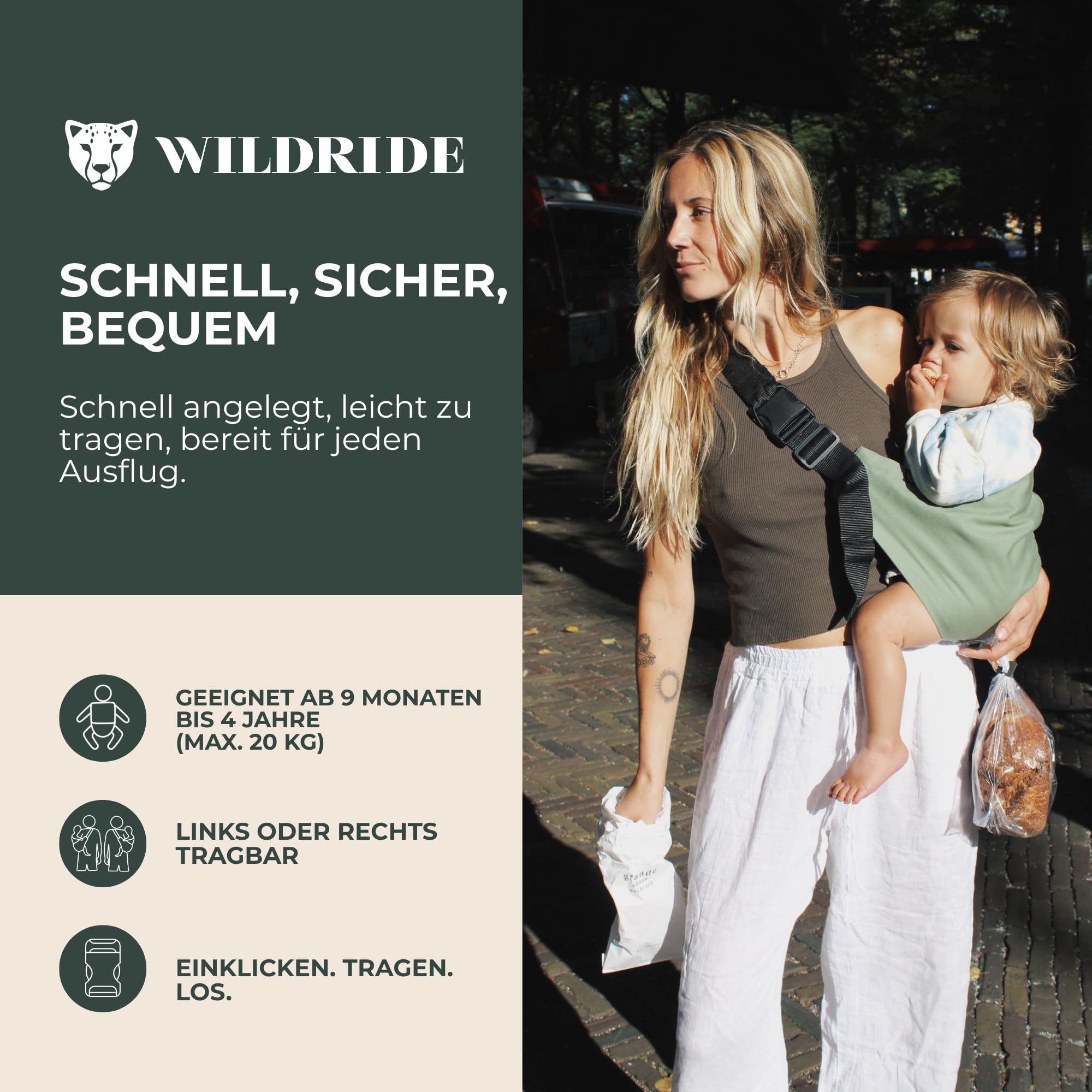 Wildride Kindertrage x MarieMarie, Hüfttrage für Kleinkinder ab 9 Monaten, 100% Baumwolle, leicht & kompakt, bis 20 kg, SGS geprüft