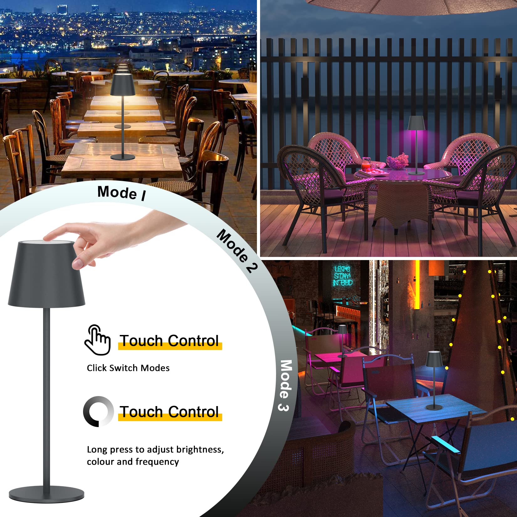 K-Bright 2 Stück LED Dimmbare Akku Tischlampe Kabellose, Wiederaufladbar Warme Lichtfarbe 3000K+RGB Tischleuchte mit USB-C, Aluminium, IP54 Wasserdichte, Anthrazit