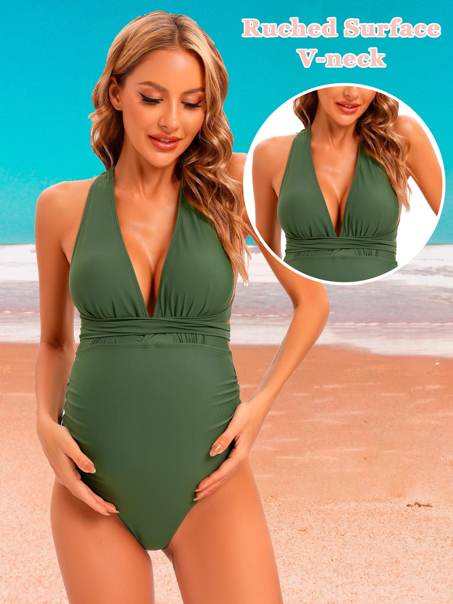 Femme Maillot de Bain Grossesse 1 Pièce Bikini Maternité Grossesse Col en V Profond Maillot de Bain Enceinte Ajustable Croisé Dos,Vert,XL