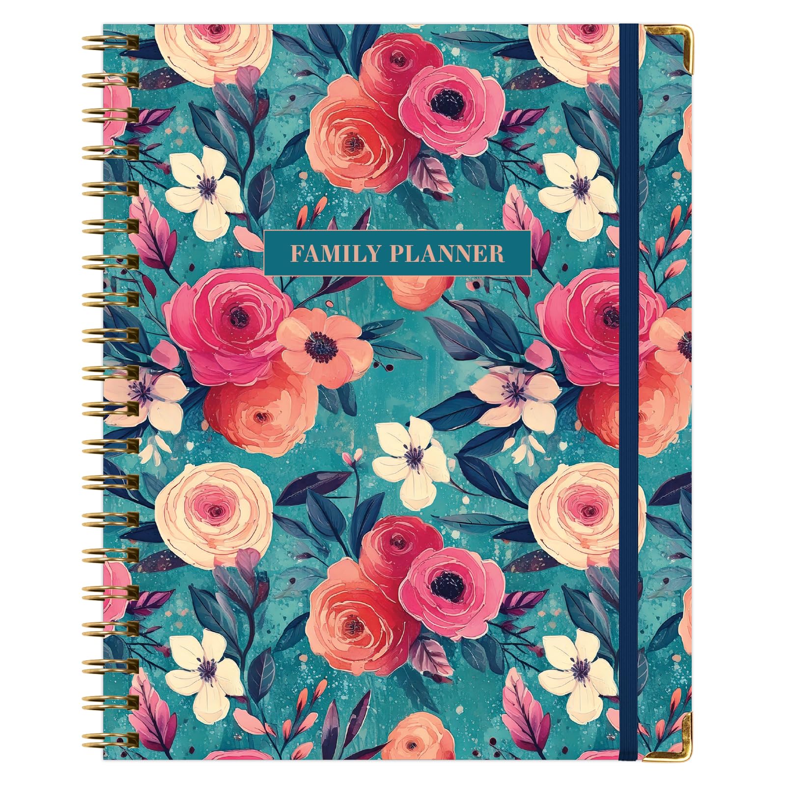 Undated Family Planner Organizer – 8.5" x 11" Weekly & Monthly Calendar for 5+ People, Meal Planning, Budgeting, Habit Tracker – Hardcover, Household Schedule Organizer for Parents, Kids, & Caregivers (Teal Floral)