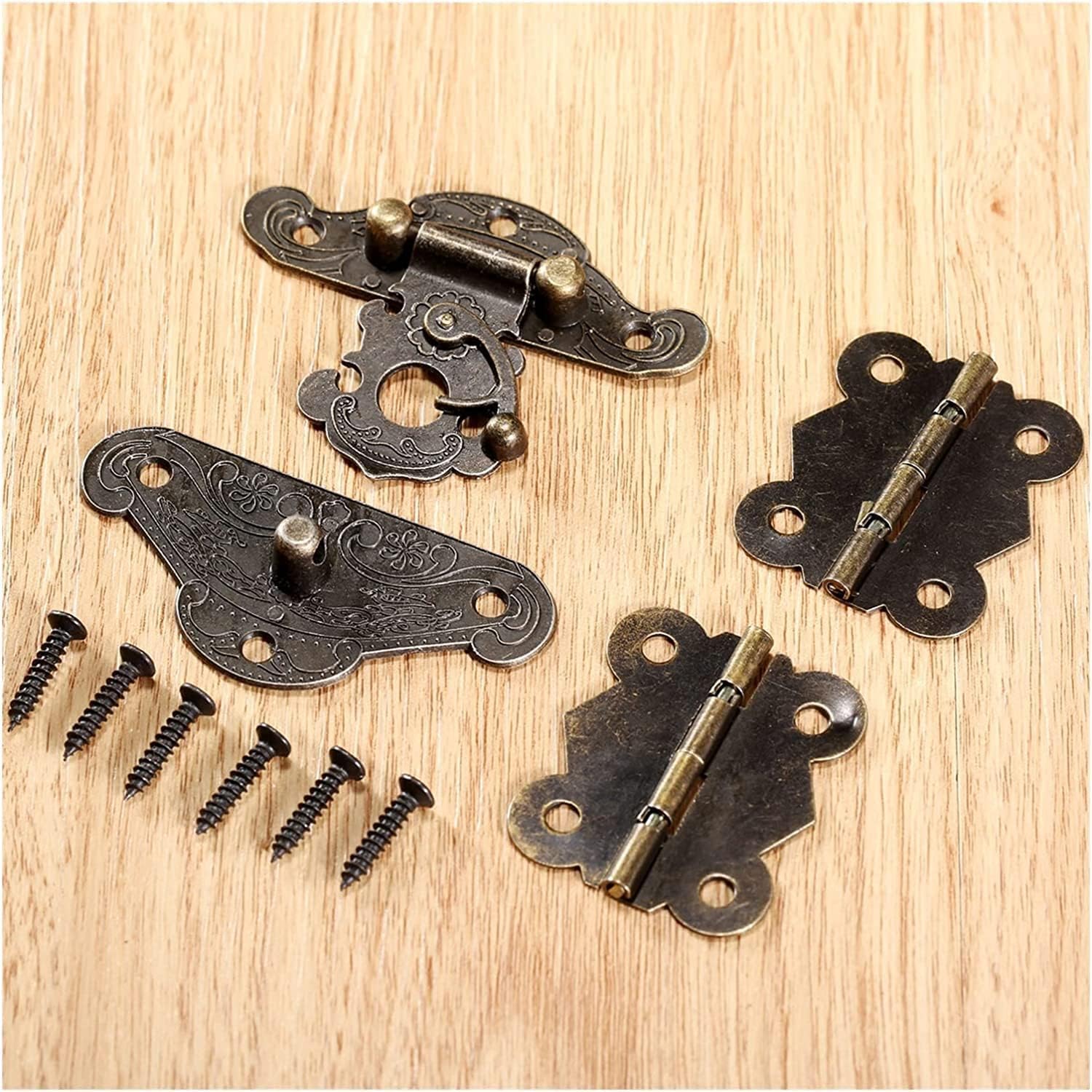 Hasps Latch, 1Pc Bronze Jewelry Wooden Box Protective Cover Hasp Buckle + 2Pcs Cabinet Hinge Furniture Fitting Iron Retro Hardware