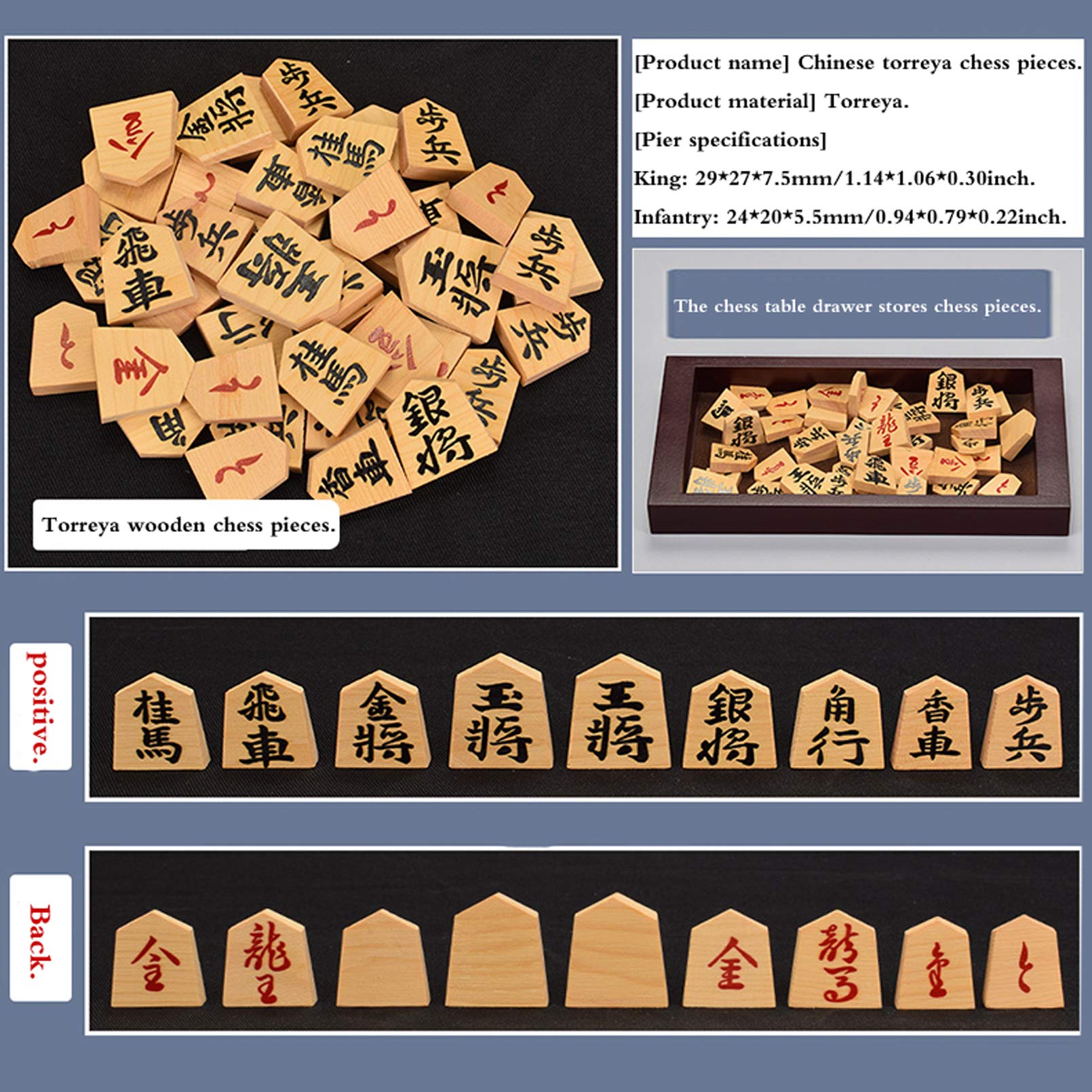 Shogi, Wooden Board + 42 Shogi Pieces，Jeu Echec Japonais Shogi avec Tiroir， Jeux de Société Traditionnels pour Enfants et Adultes,Torreya,270x250x50mm