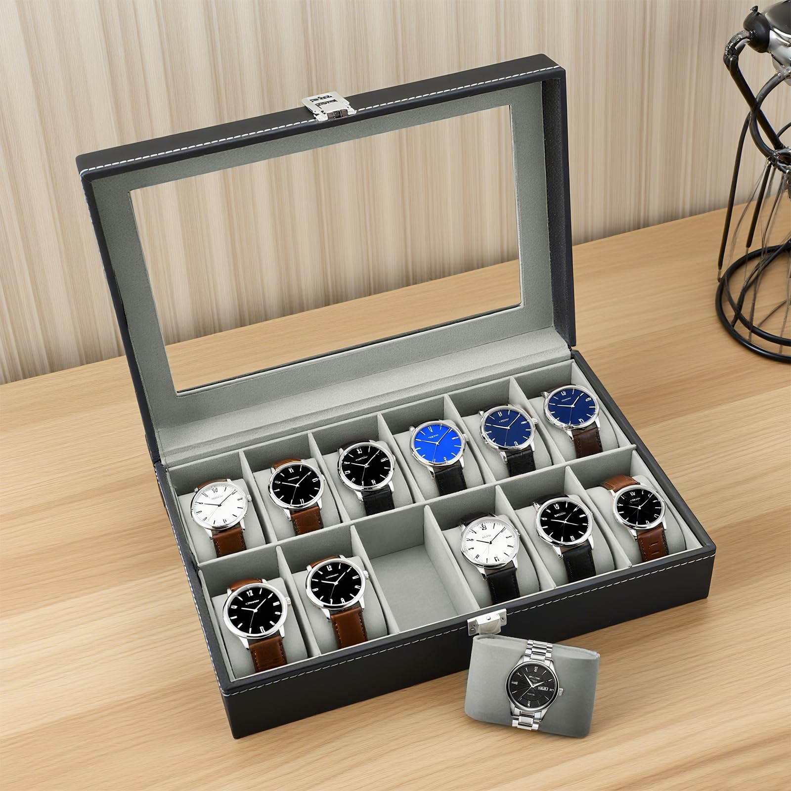 Caja de Relojes 12 Compartimentos Estuche de Relojes de PU con Cubierta de Cristal acrílico y almohadillas extraíbles unisex para regalo o almacenamiento personal