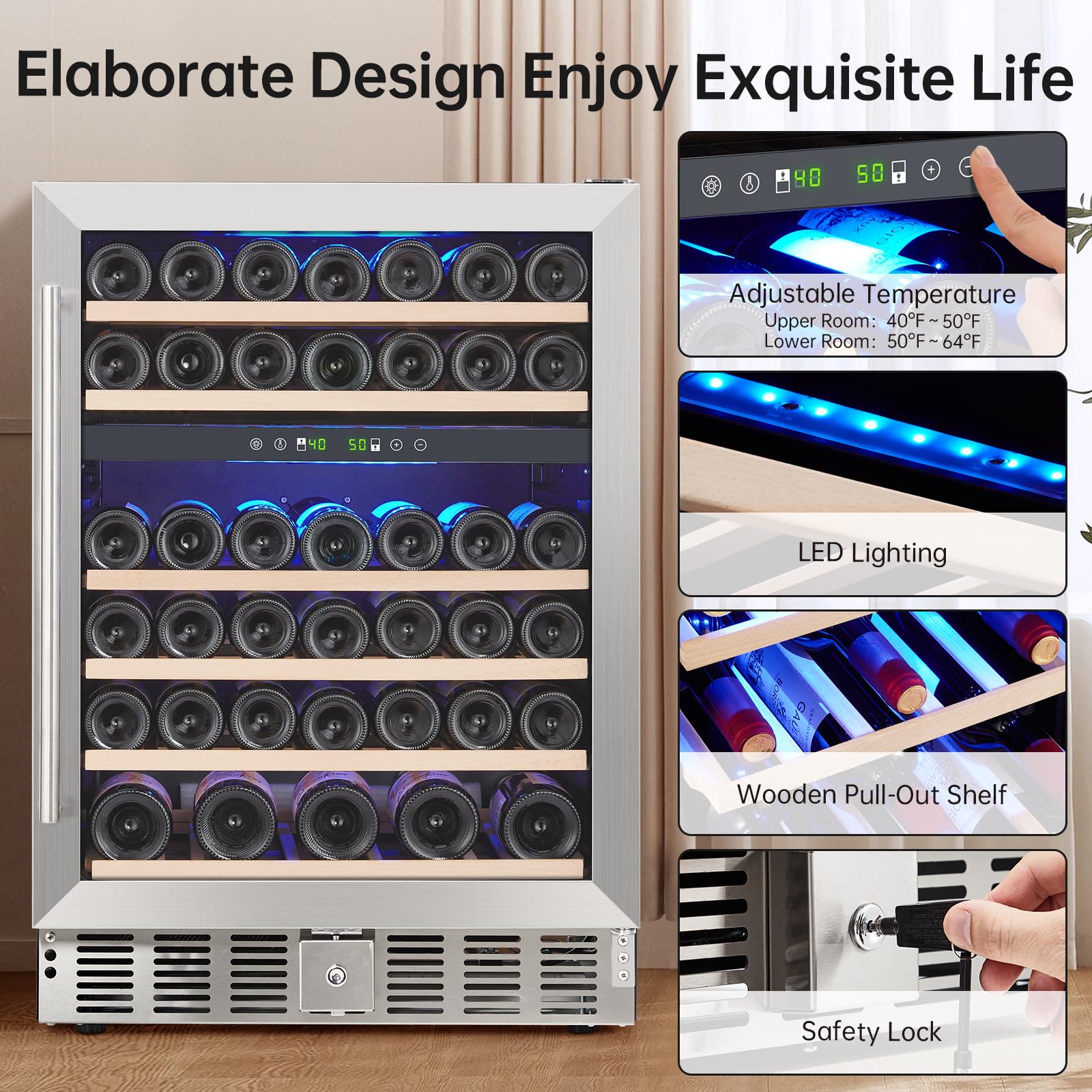 GarveeHome 24 Inch Dual Zone Wine Fridge Under Counter, 52 Bottle Wine Cooler Refrigerator with 40?64°F Digital Temperature Control, Safety Lock, All Wood Removable Shelves, Stainless Steel+Glass Door