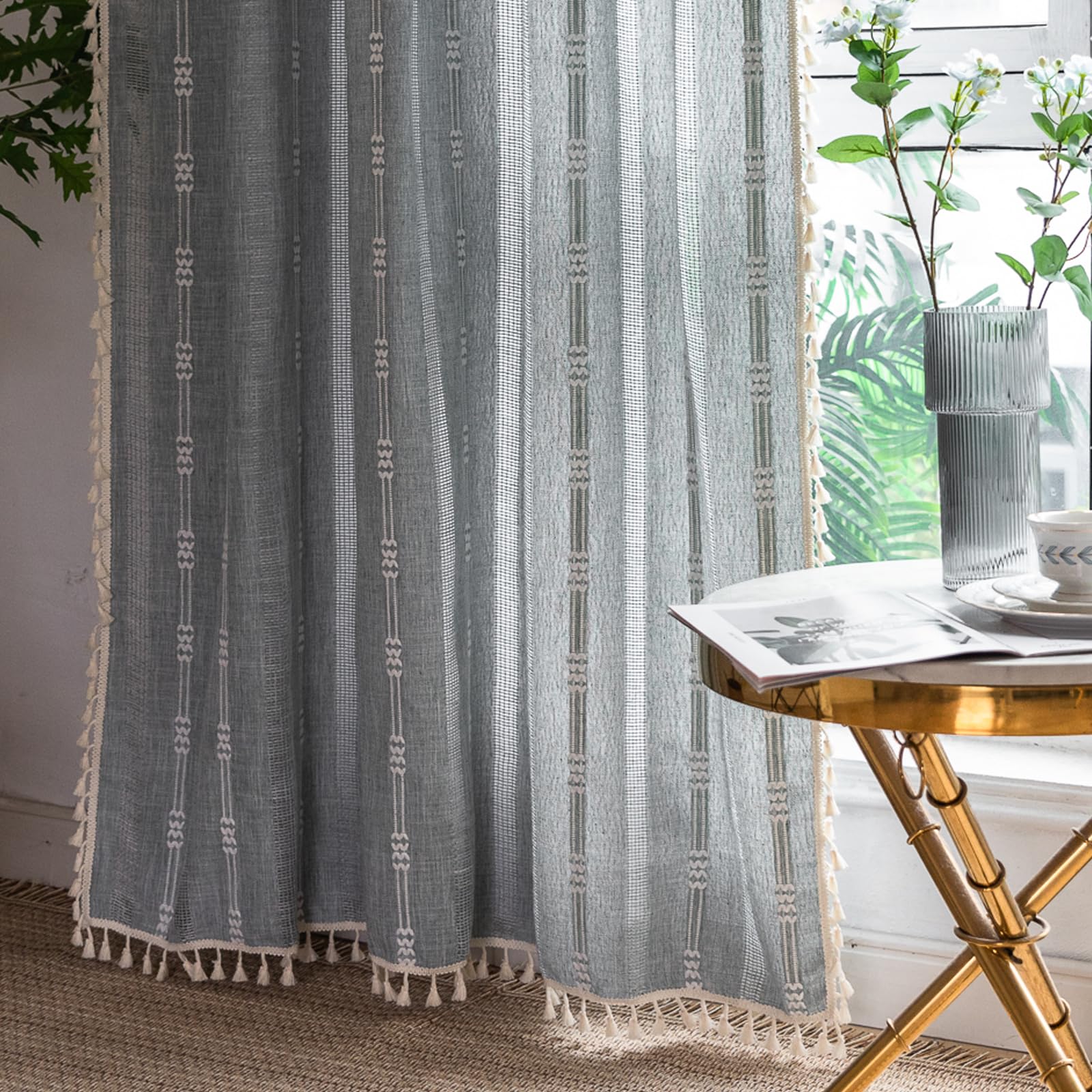 Linen Farmhouse Boho Curtains 63" 84" 96" Inches Length 2 Panels Set, Heavy Duty Country Modern Embroidery Curtains Light Filtering Cotton Window