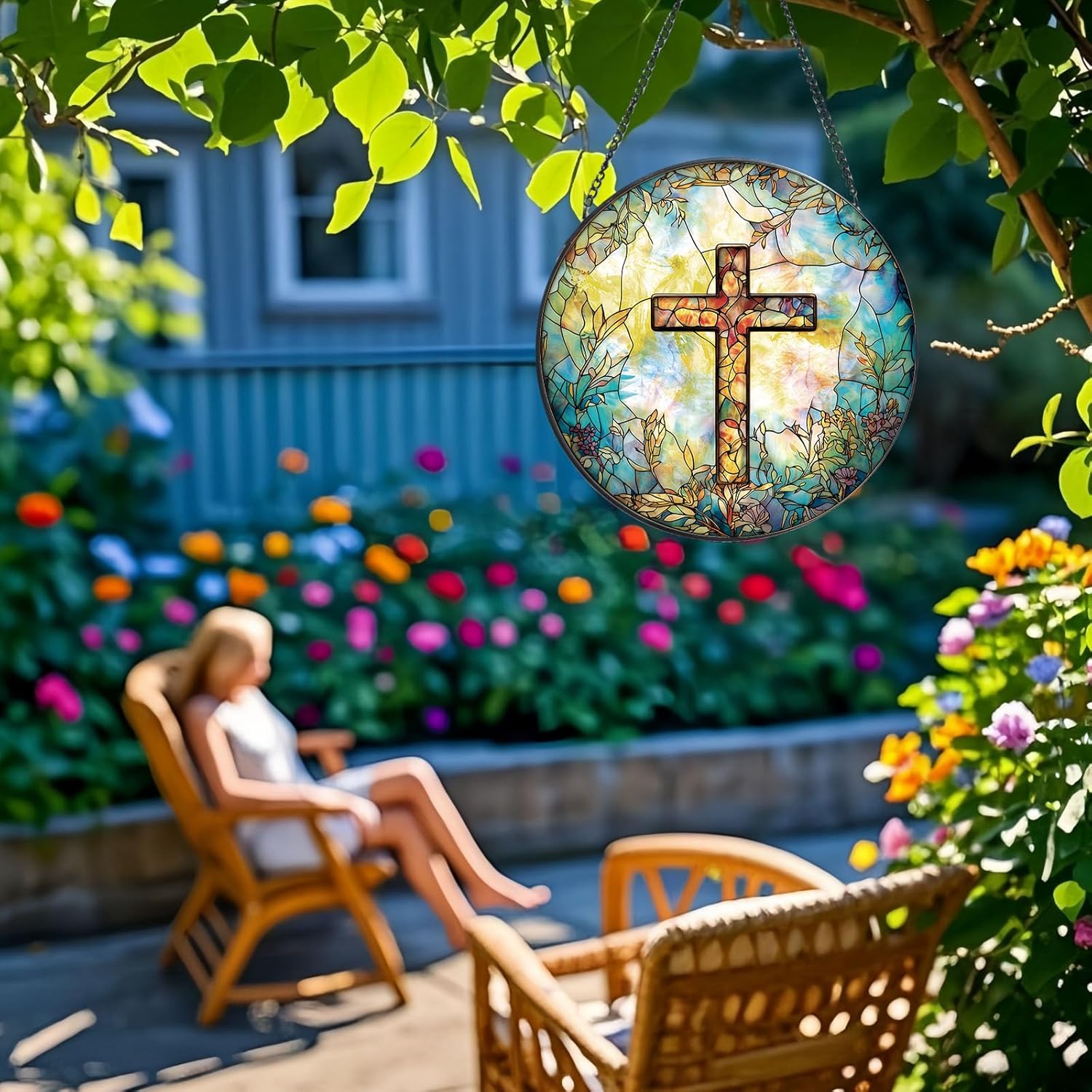 Stained Glass Cross Sun Catcher - 8'' Handcrafted Suncatcher for Window Home Decor, Symbolizing Faith, Hope, and Light, Perfect for Spiritual Spaces, Weddings, and Religious Celebrations (C) - Image 5