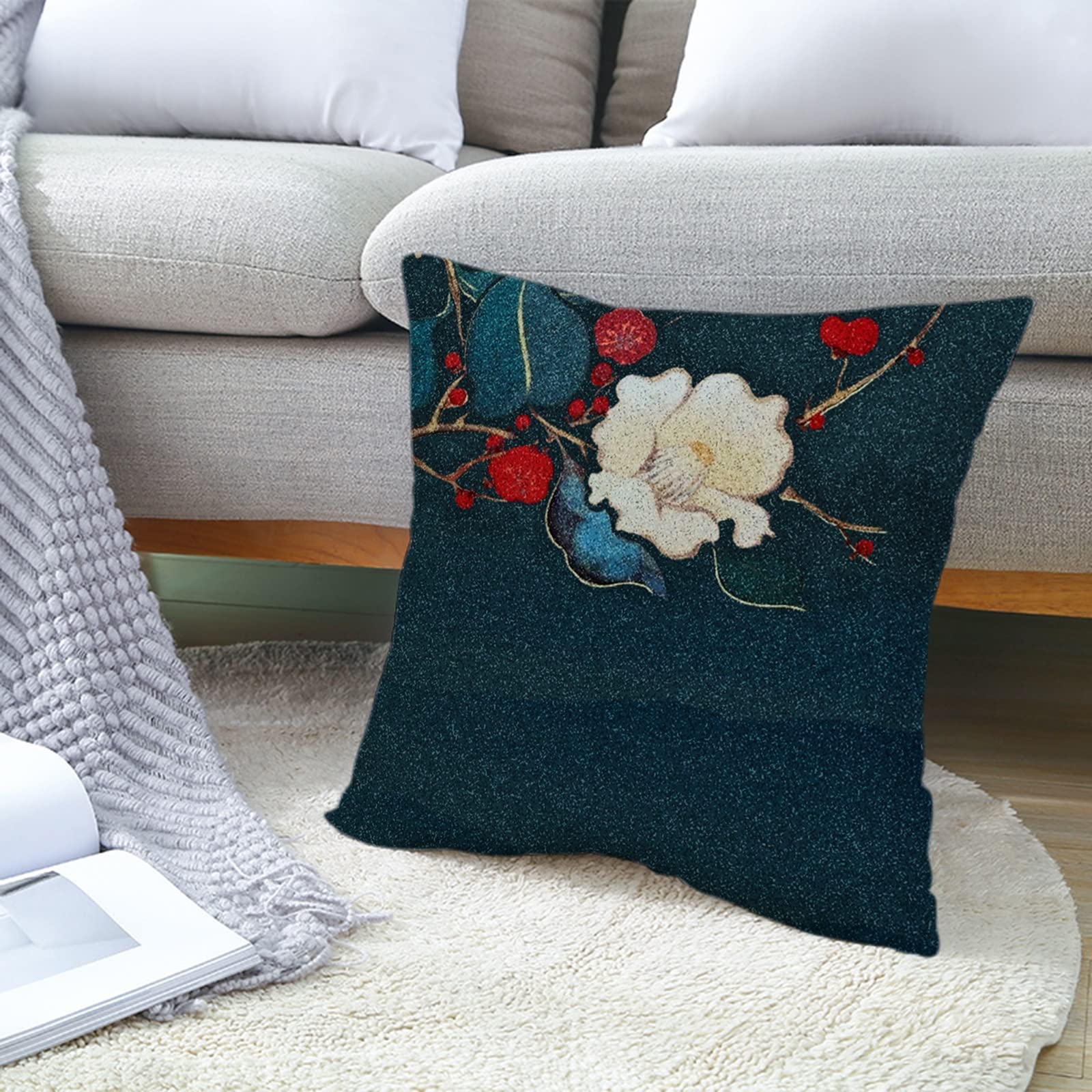 4 fundas de cojín de 50 x 50 cm, color blanco, rojo, azul, patrón de flores, funda de almohada de lino para sala de estar, sofá, dormitorio