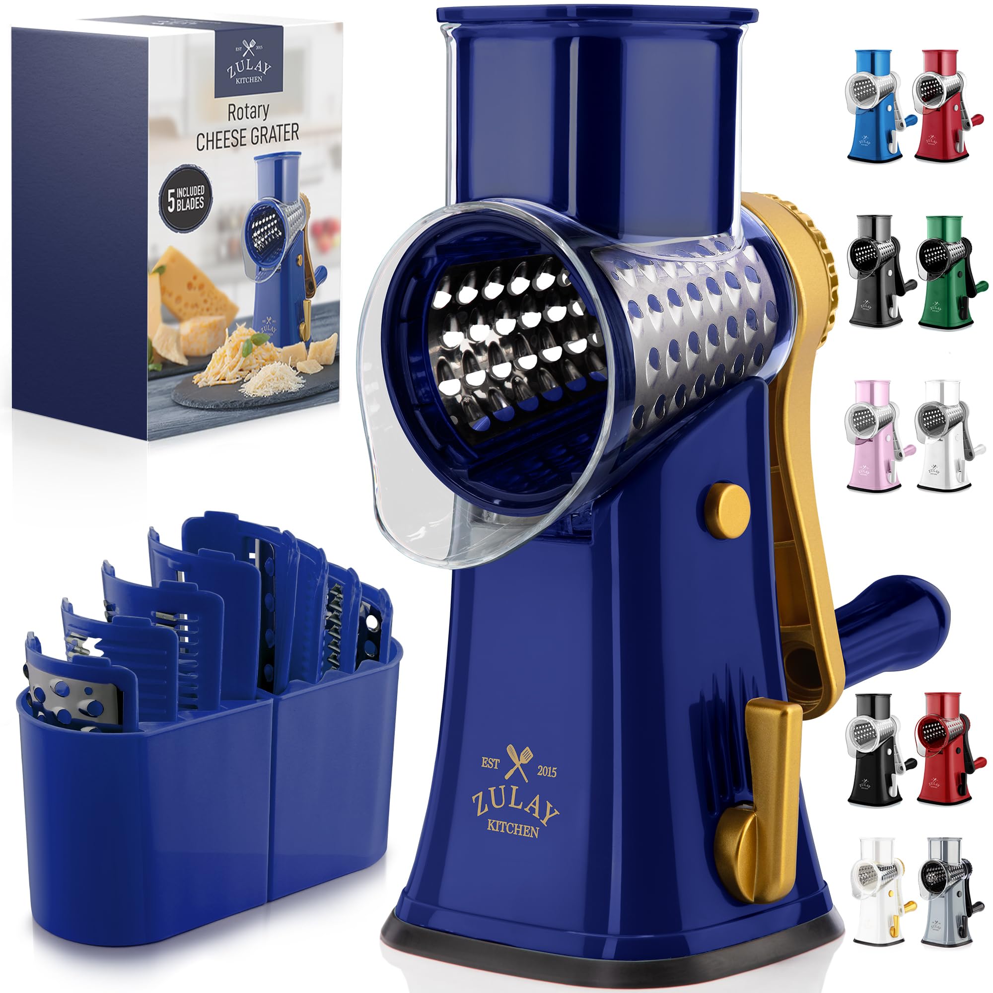 Rotary Cheese Grater Manual Hand Crank 5 Blade Shredder, Blue &amp; Gold