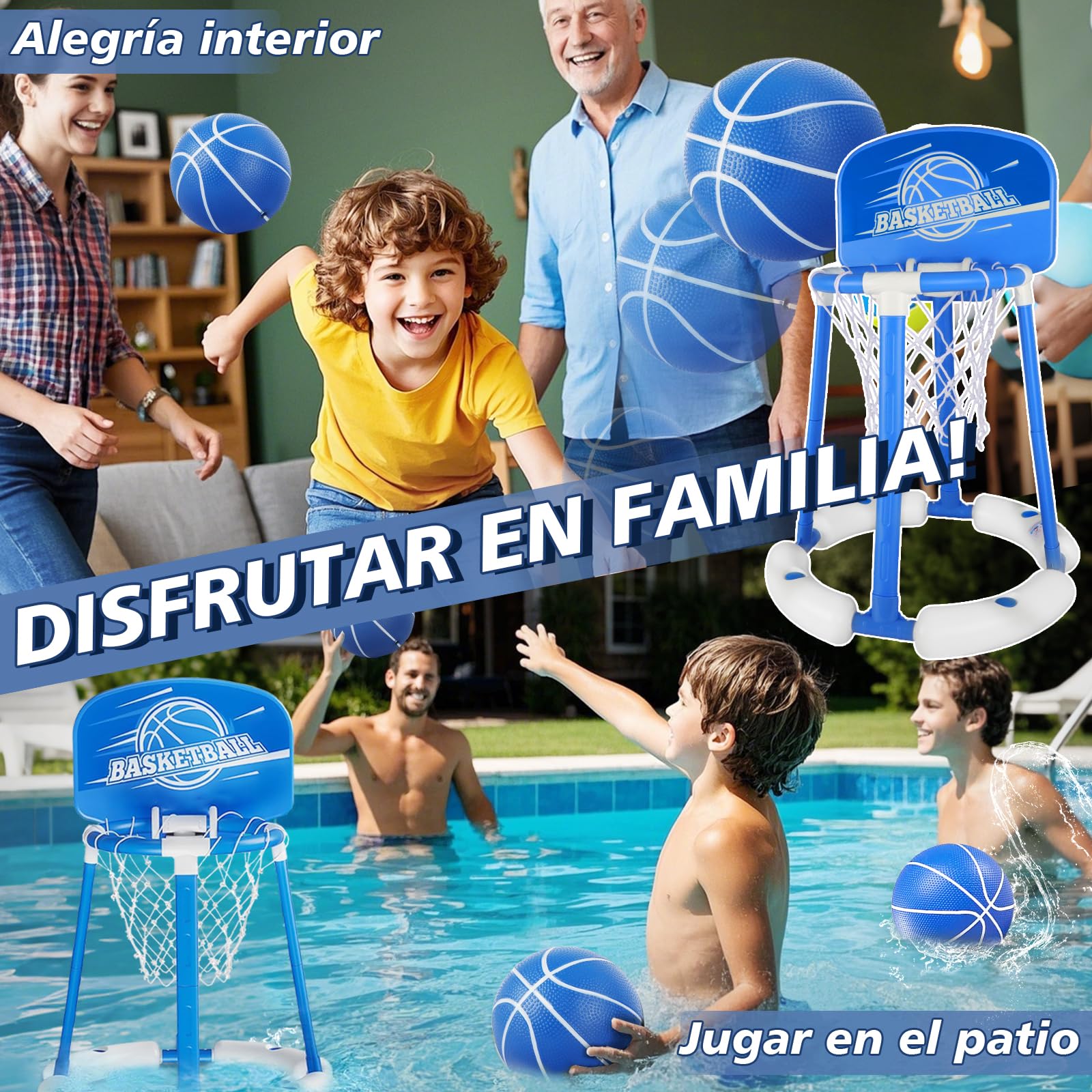 Charmofun Canasta de Baloncesto Piscina, Flotante Canasta Juguetes Piscina Juegos, Aro de Baloncesto Juegos de Agua con 2 Pelotas y Bomba para Niños y Adultos, Interior y Exterior