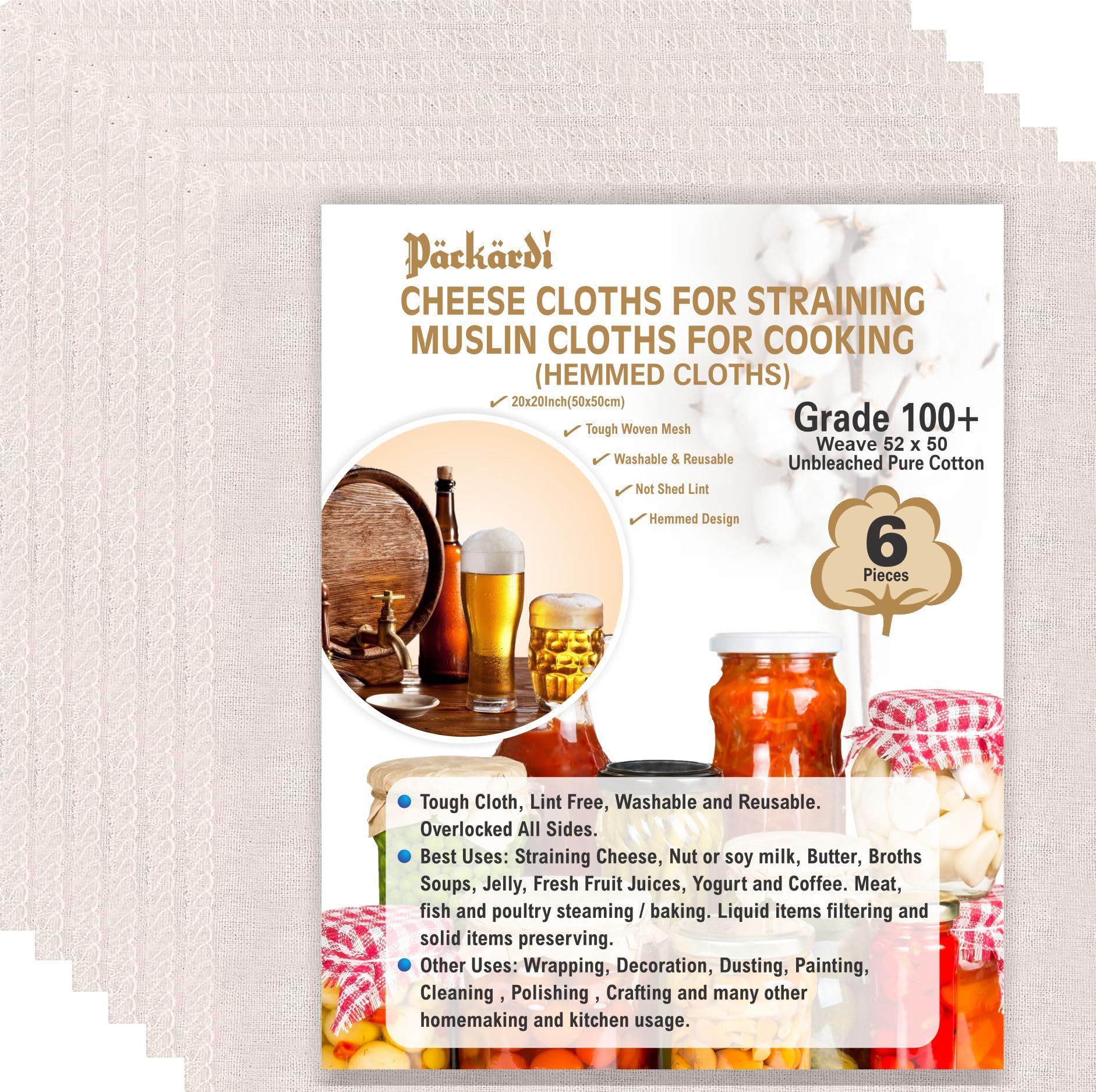 PACKARDI Grade 100+ Cheesecloth Pack of 6 Muslin Cloths for Cooking 50x50 cm, Reusable and Washable Cheese Cloths for Straining, 100% Unbleached Pure Cotton Cloth Ultra-Fine Cheese Cloth for Baking