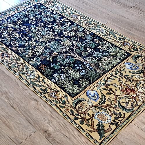 Miniatura 7 de Aubelin Tapiz largo azul William Morris Árbol de la Vida Bellas Art Tapiz para colgar en la pared, tamaño 63 x 35 pulgadas