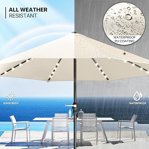 Miniatura 8 de MoNiBloom Paraguas de 9 pies para exterior, sombrilla de patio con luz LED solar con 8 varillas, sistema de inclinación y manivela de elevación,