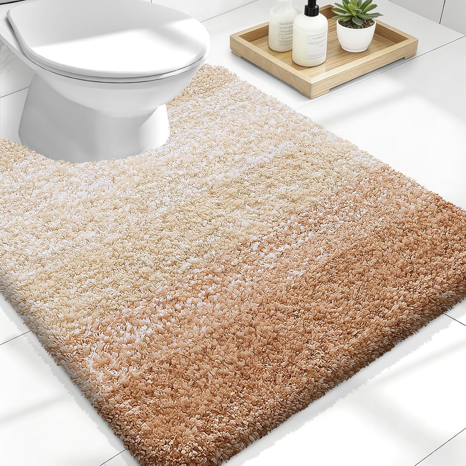 OLANLY Luxury Toilet Rugs U-Shaped 24x20, Extra Soft and Absorbent Microfiber Bathroom Rugs, Non-Slip Plush Shaggy Bath Mat, Machine Wash Dry, Contour Bathroom Mats for Toilet Base, Beige
