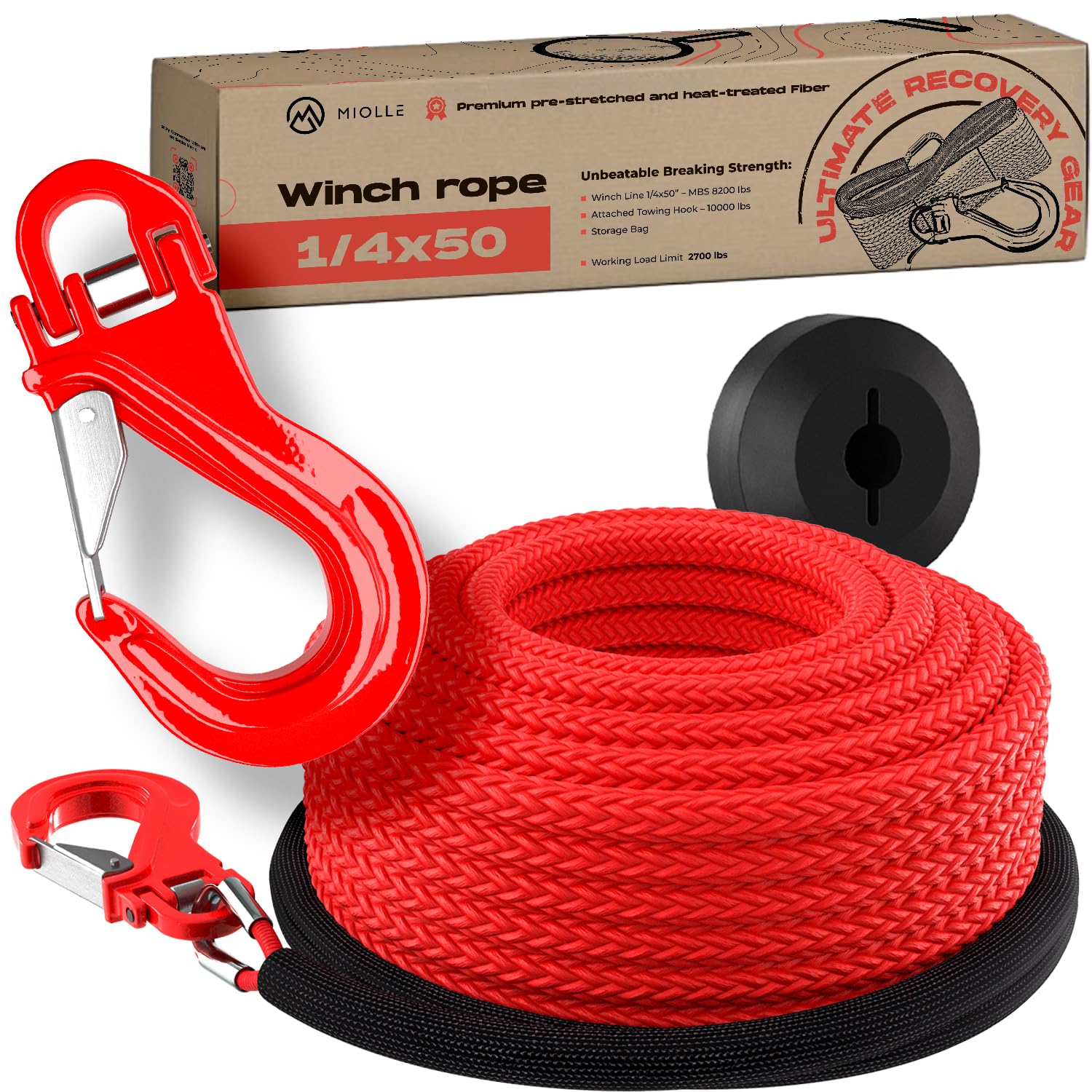 Câble de treuil synthétique préétiré de 63 mm x 157 m Testé au laboratoire Avec crochet avancé Bouchon en caoutchouc et manchon de protection noir Pour véhicules toutterrain 4x4 ATV UTV