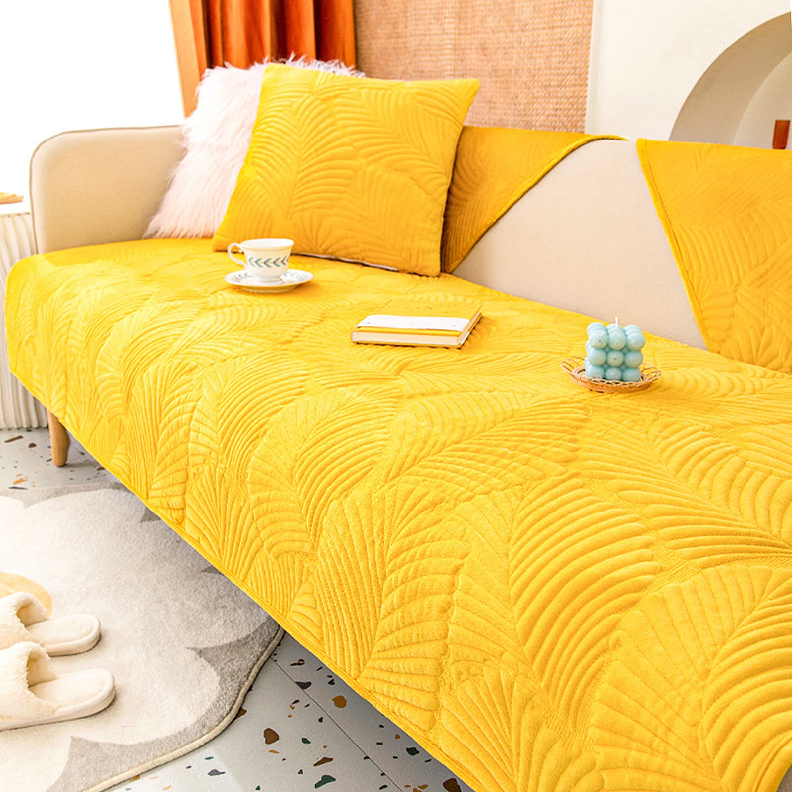 Housse de canapé en velours WJXBoos motif feuilles peluche